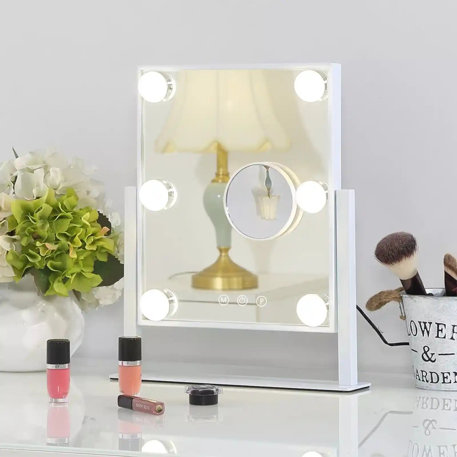 Vanity Mirror with Lights 3 Colored 360°Rotation Tabletop Metal