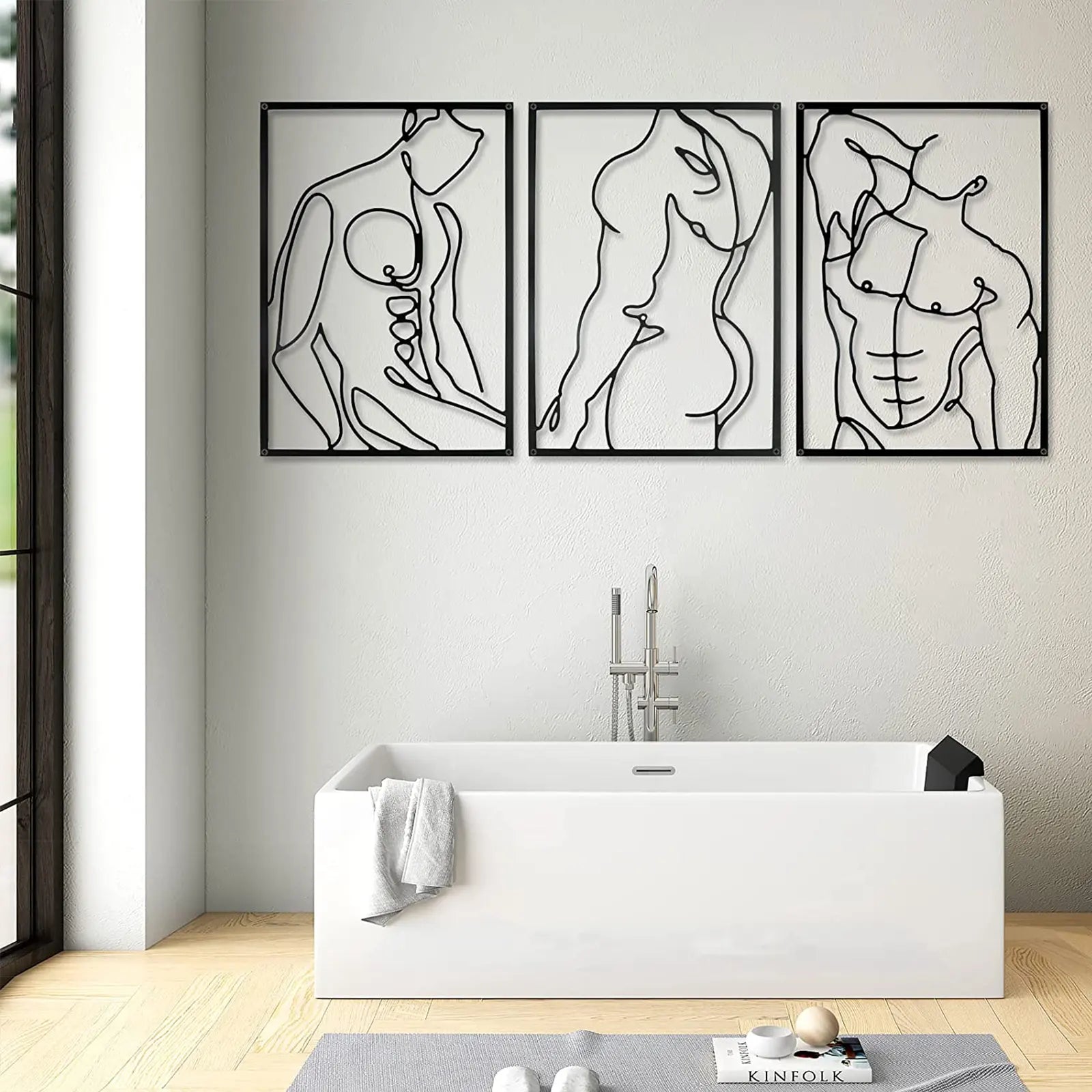 Juego de 3 decoración de pared de metal – Esculturas para colgar en la pared con forma de línea abstracta minimalista moderna más gruesa – Arte de pared de metal negro para dormitorio, sala de estar y baño