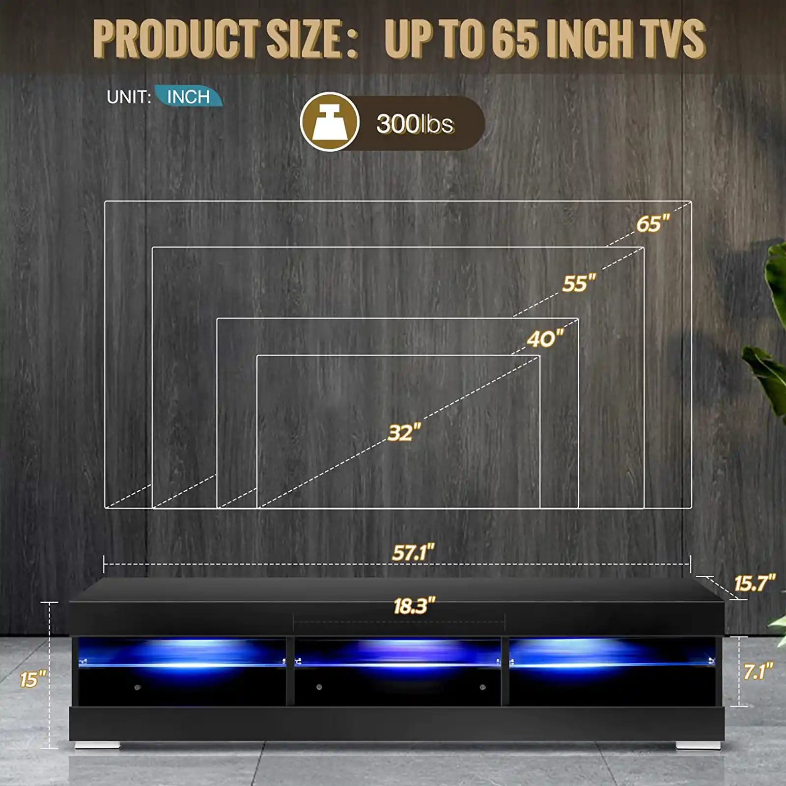 LED TV Stand with LED Lights for 65 inch TV Modern Entertainment Center with Storage