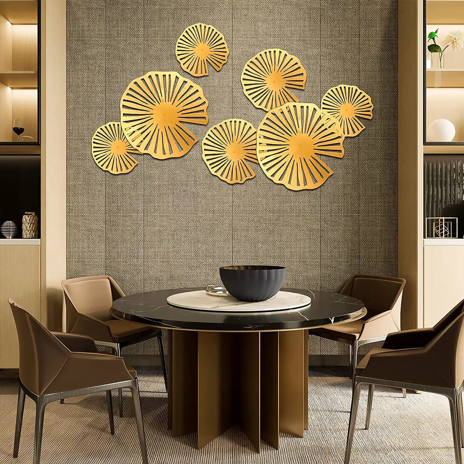 7 Pieces Gold Metal Wall Art Decor 3D Lotus Leaves Floating Wall Sculptures Modern for Living Room Bedroom Hotel Home Decorations, 3 Sizes