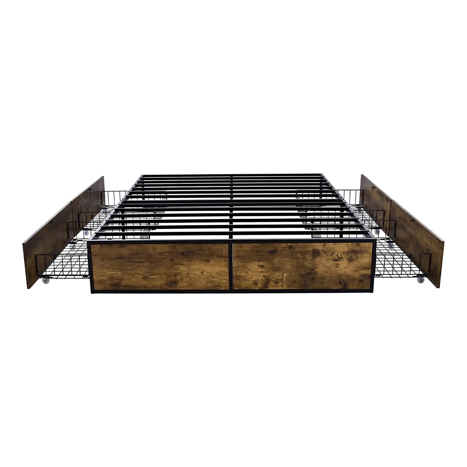 Industrial Metal Platform Bed Frame with 4 XL Storage Drawers and Casters