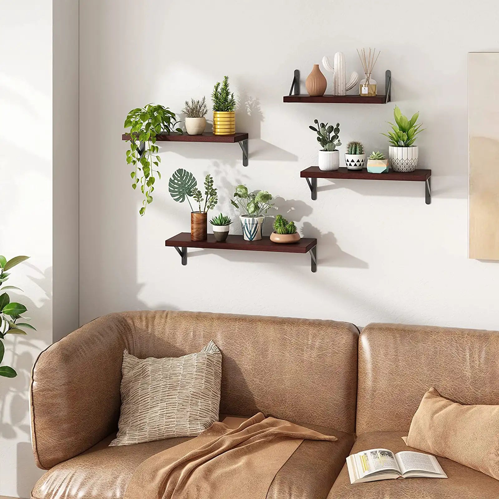 Floating Shelves, Rustic Wood Shelves, 4 Sets of Wall Mounted Shelf for Bathroom Decor, Bedroom, Living Room and Plants