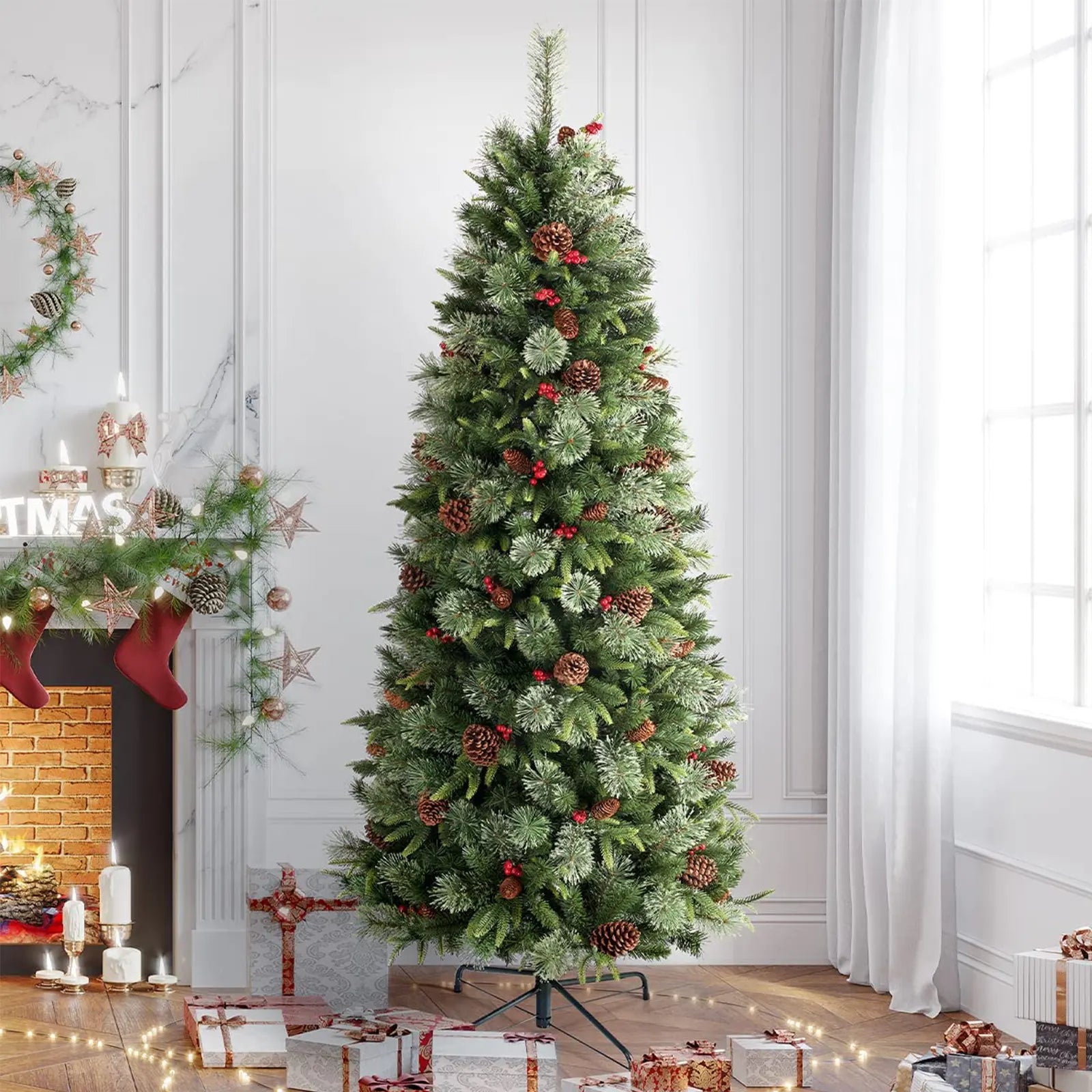 Árbol de Navidad, Árbol de Navidad de 7,5 pies o 9 pies con luz, soporte de metal, cono y bayas 