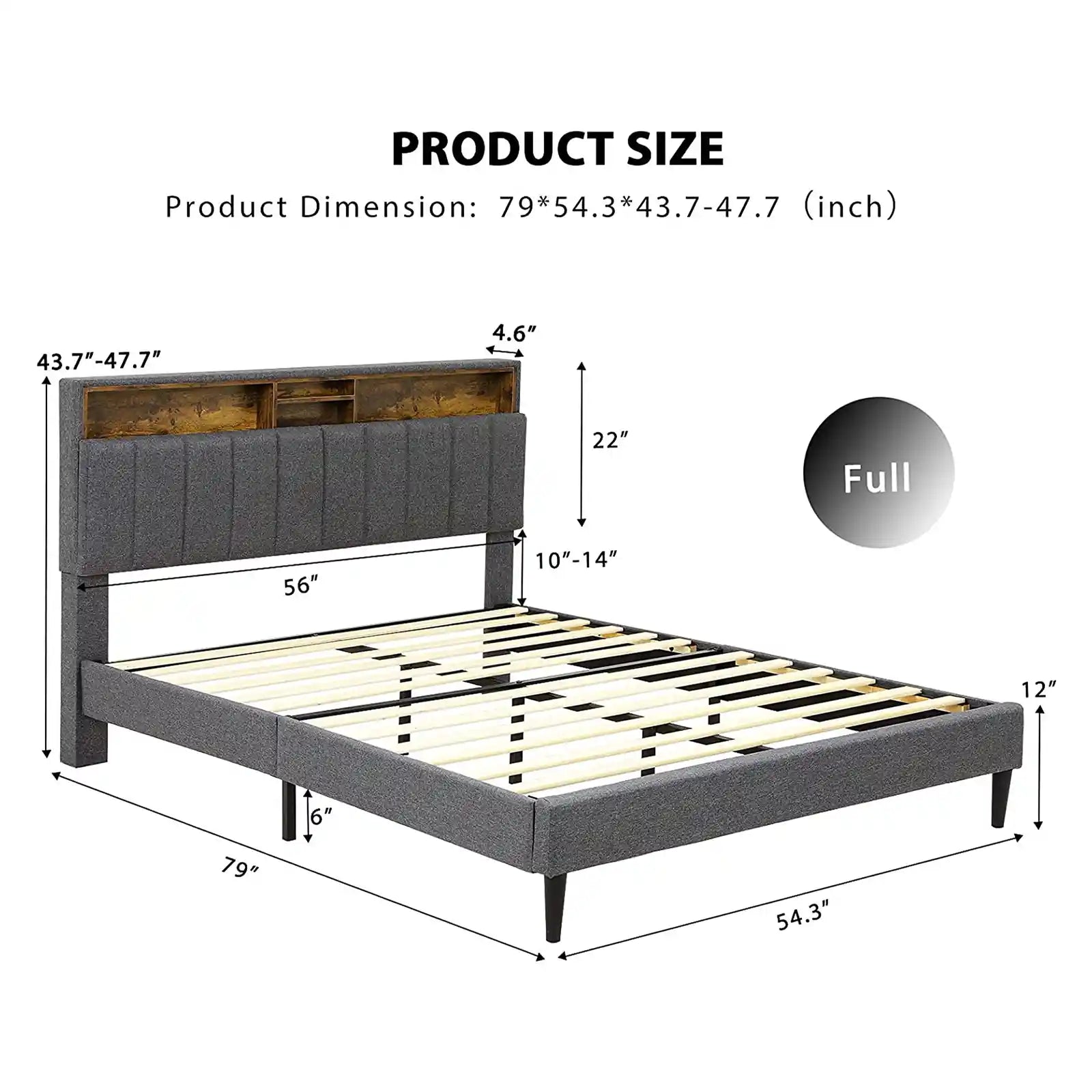 Estructura de cama con plataforma tapizada en tela moderna con regleta y cabecera con almacenamiento