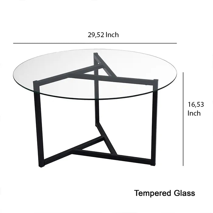 Mesa de centro redonda de vidrio con patas de metal negro, mesa central moderna y única para sala de estar, tapa grande de vidrio ahumado con base baja de acero