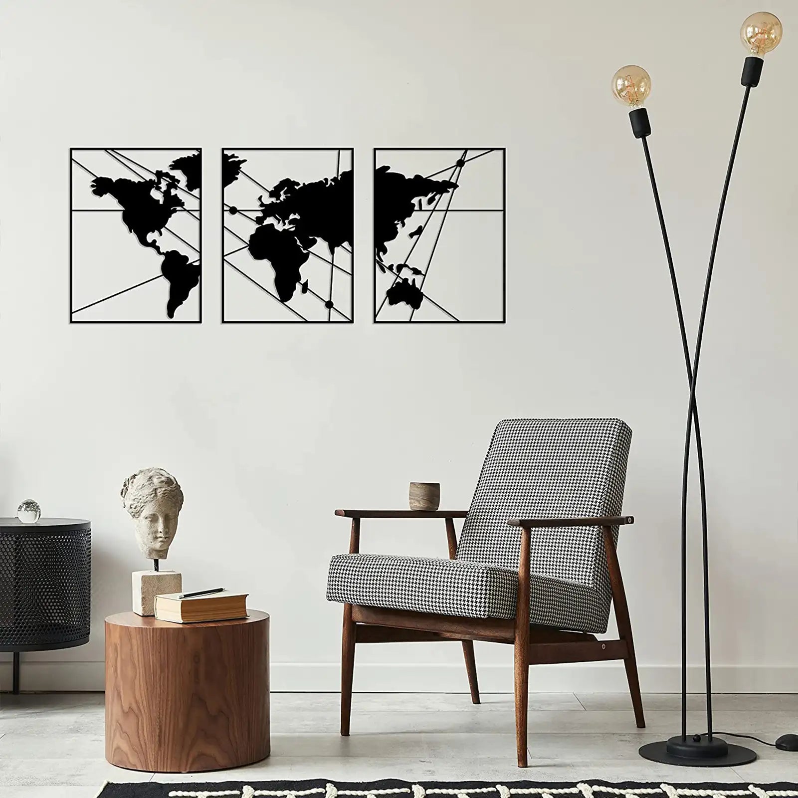 Black Map - Juego de 3 arte moderno de pared de metal, 100% metal, decoración de pared metálica, colgante de pared para sala de estar, dormitorio, dormitorio, esculturas de pared del hogar (mapa negro, pequeño) 