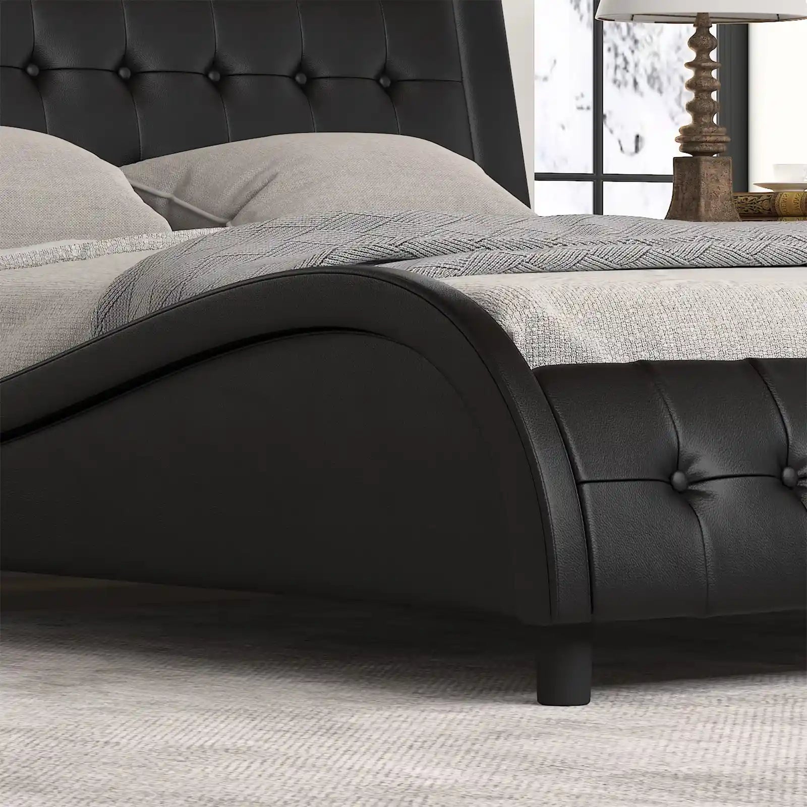 Faux Leather Platform Bed Frame with Adjustable Headboard