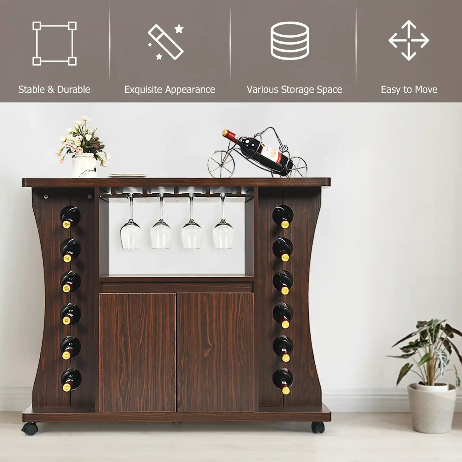 Rolling Buffet Sideboard, Wooden Bar Storage Cabinet