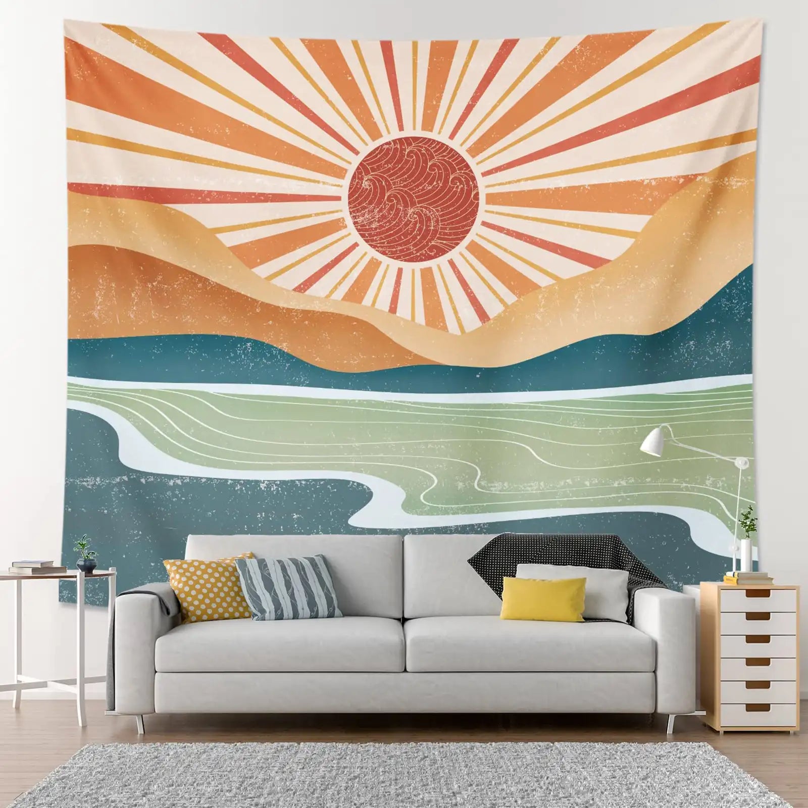 Bohemian Tapestry Sun Tapestry Mountain Tapestry Sunset Art Vintage Aesthetic Tapestry for Bedroom Living Room