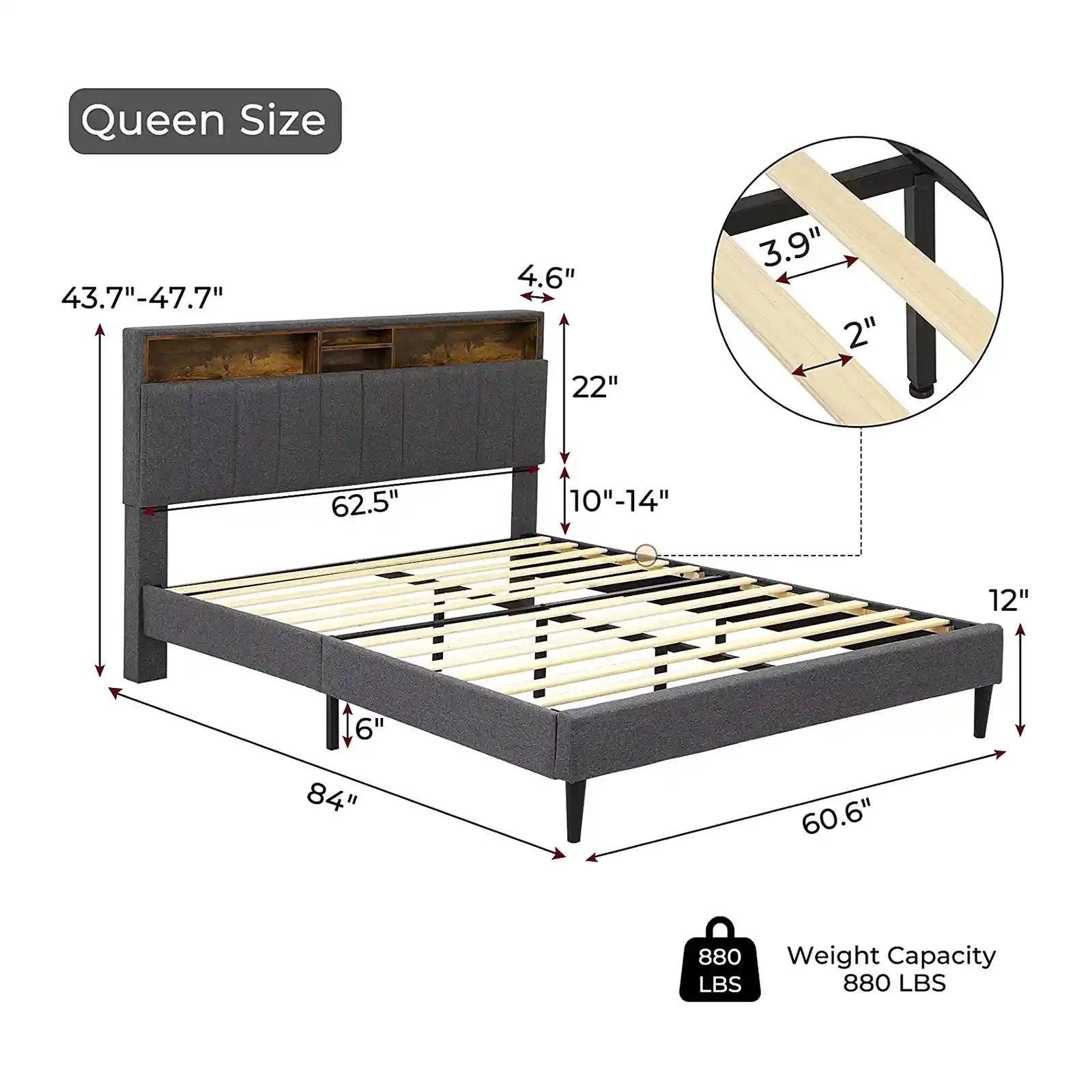 Estructura de cama con plataforma tapizada en tela moderna con regleta y cabecera con almacenamiento