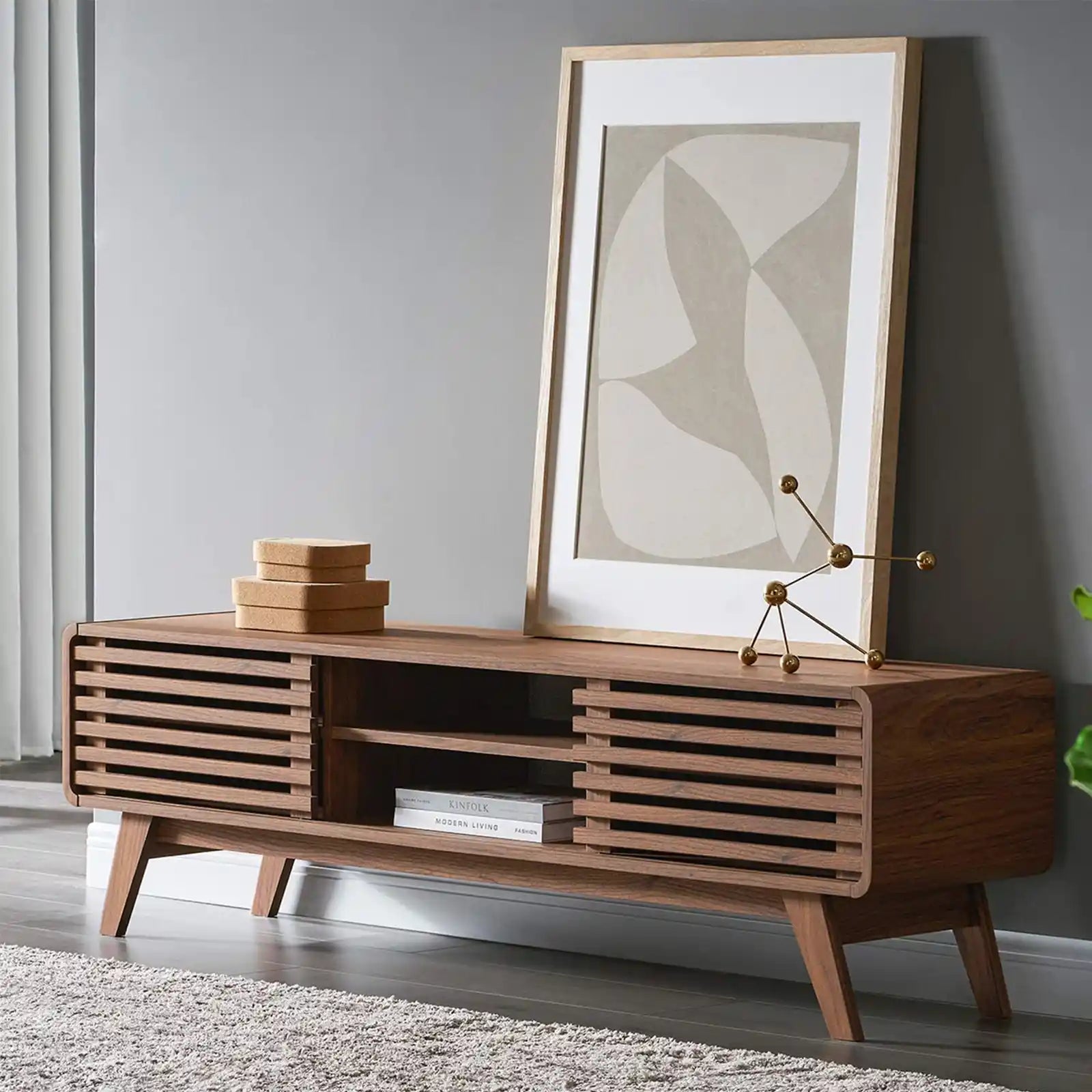 Mid-Century Modern Tv Stand for 46 inch  and 59 inch TV , Low Profile with Sleek Rounded Finishing