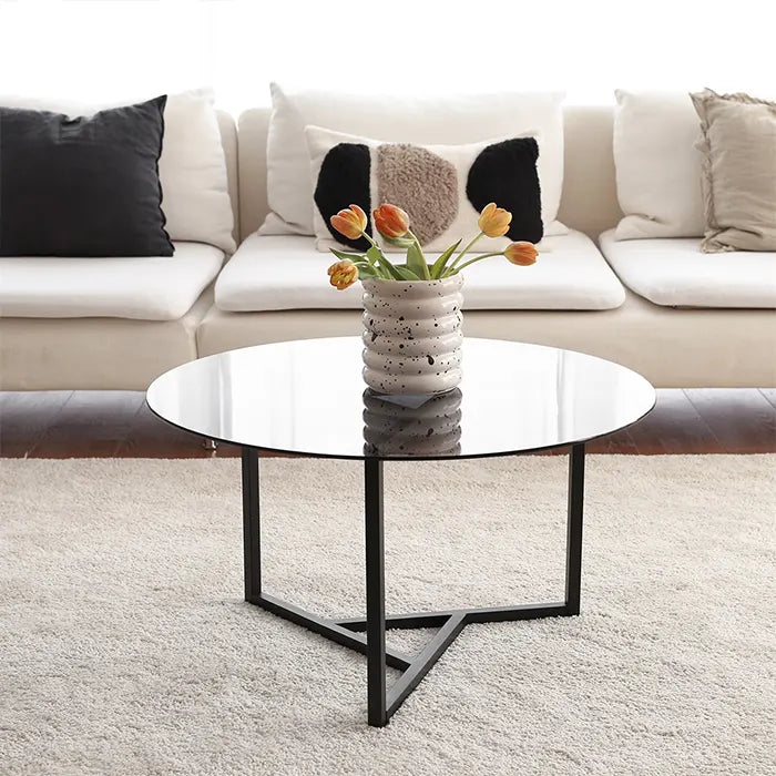 Round Glass Coffee Table with Black Metal Legs , Modern and Unique Center Table for Living Room , Large Smoked Glass Top with Low Steel Base