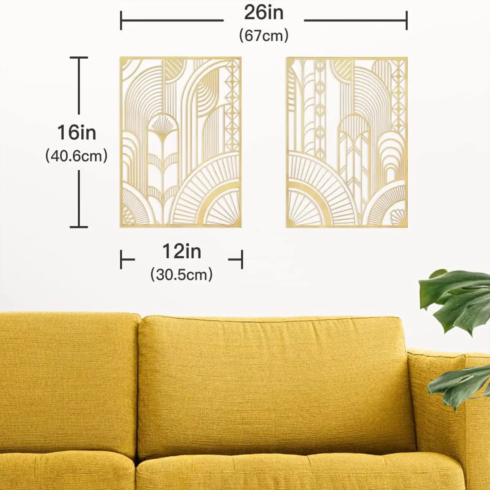 2 piezas de arte de pared de metal dorado, decoración abstracta geométrica para colgar en la pared de mediados de siglo para sala de estar, dormitorio, cocina