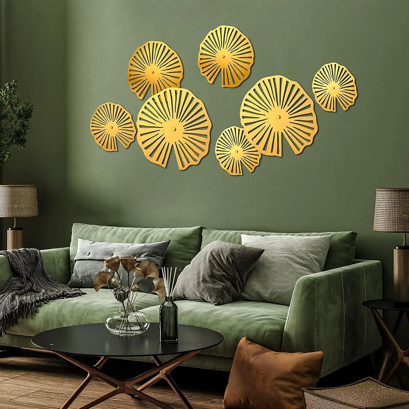 7 Pieces Gold Metal Wall Art Decor 3D Lotus Leaves Floating Wall Sculptures Modern for Living Room Bedroom Hotel Home Decorations, 3 Sizes