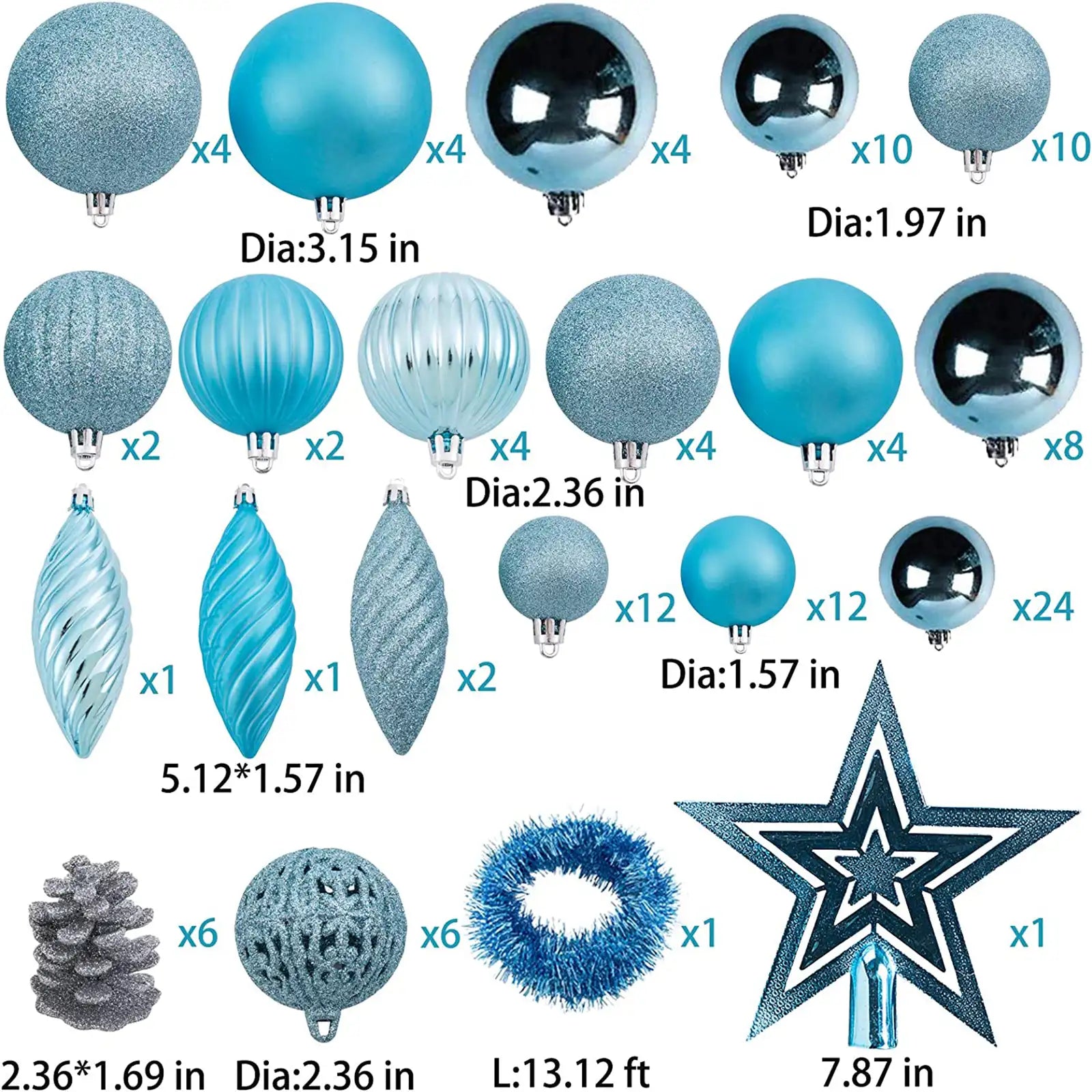 119ct Christmas Tree Ball Ornaments Set Assorted Shapes