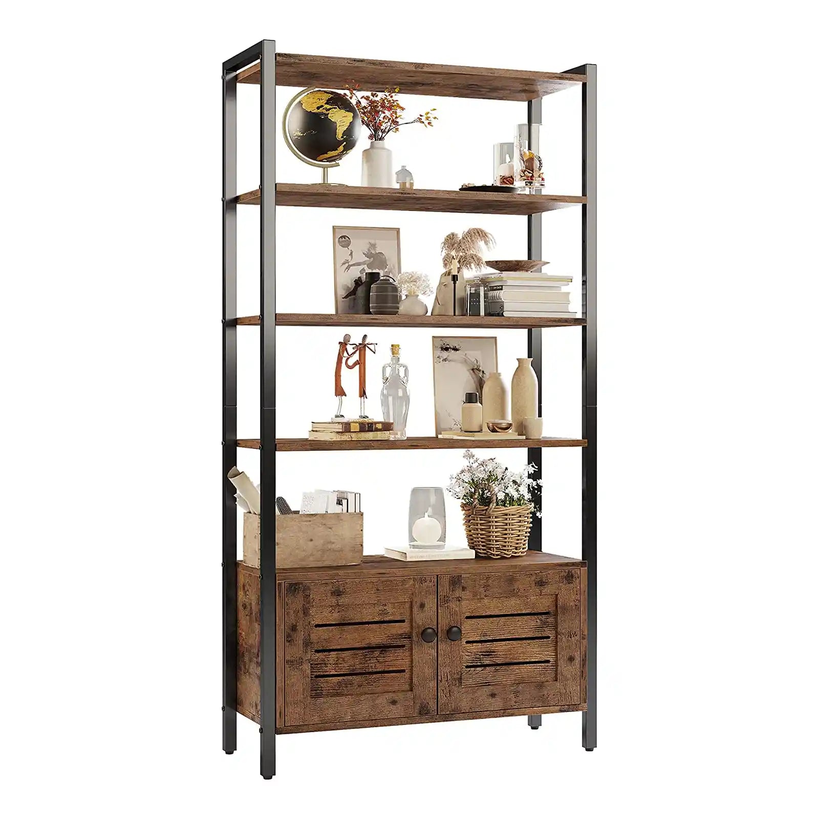 Industrial Bookshelf and Bookcase with 2 Louvered Doors and Shelves