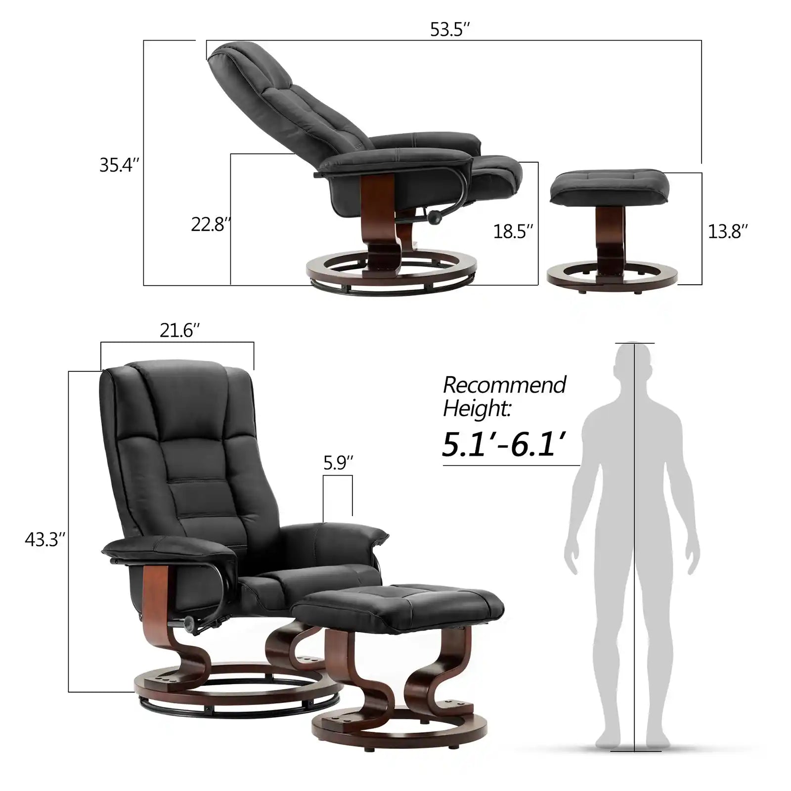 Recliner Arm Chair with Wrapped Wood Base and Ottoman Footrest