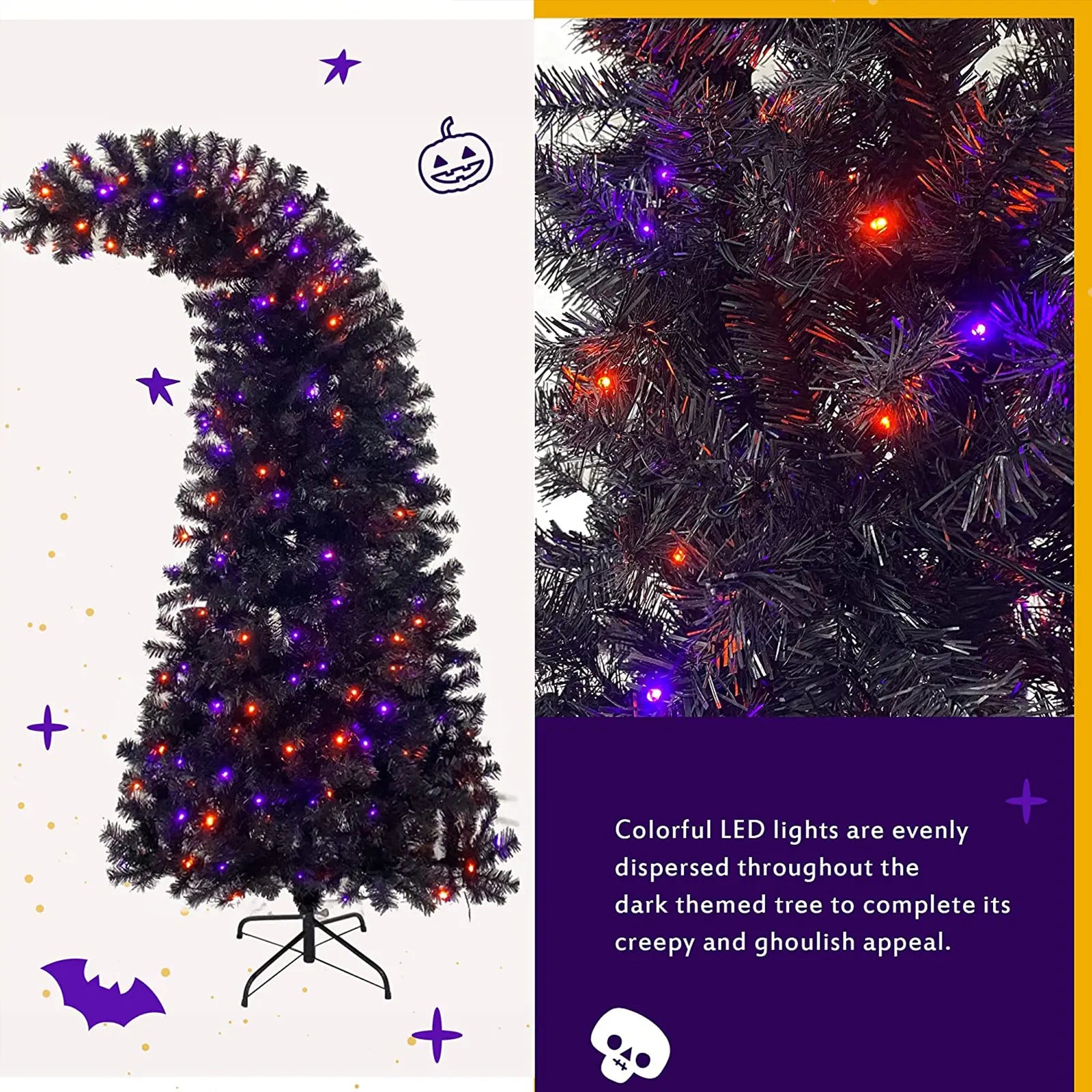 Árbol de Navidad negro o rojo-blanco de 7 pies, árbol de Navidad de Halloween preiluminado con 350 luces