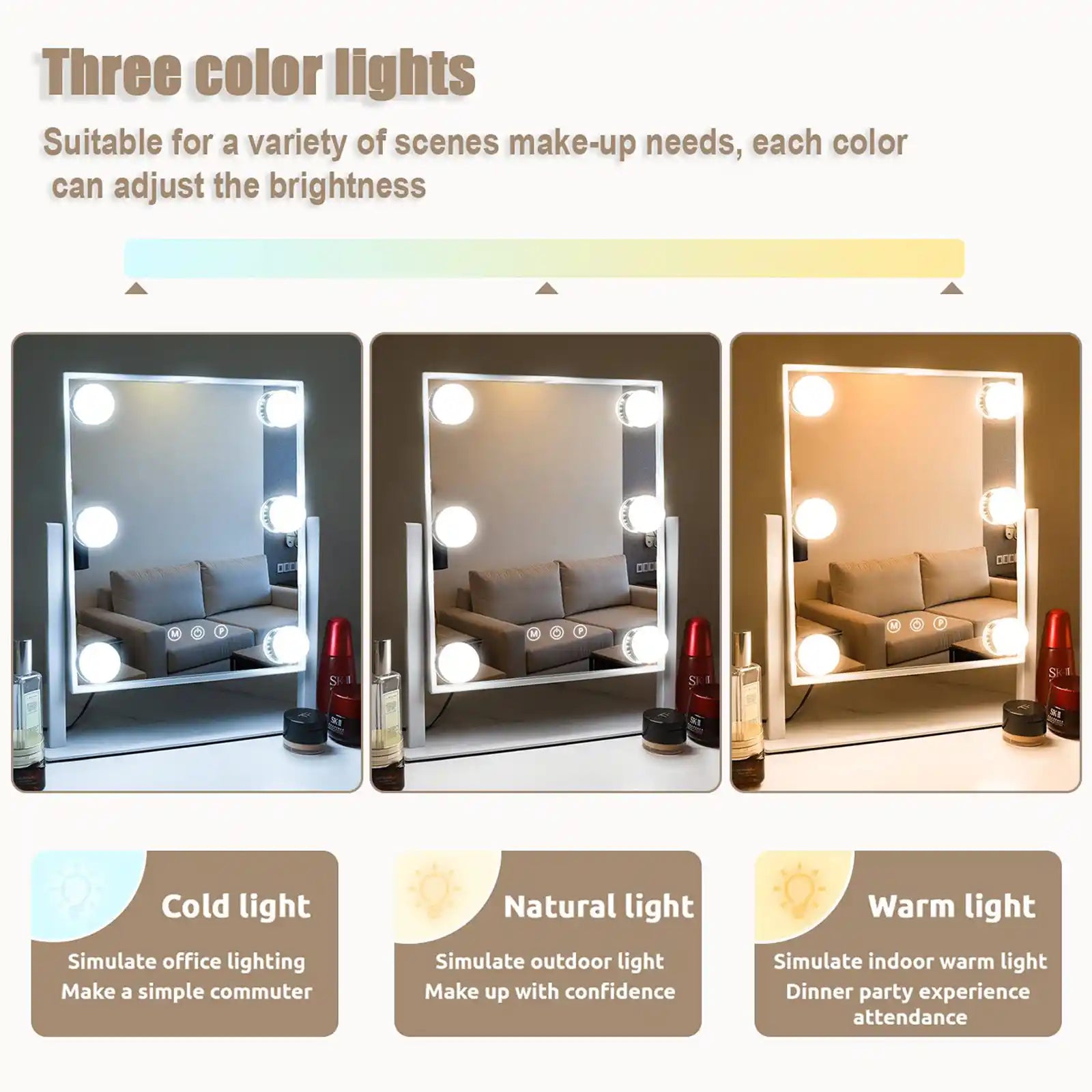 Vanity Mirror with Lights 3 Colored 360°Rotation Tabletop Metal