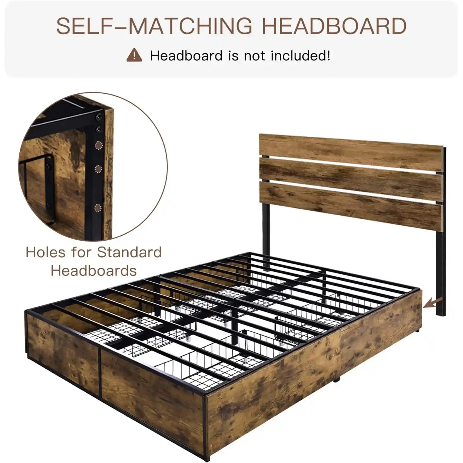 Industrial Metal Platform Bed Frame with 4 XL Storage Drawers and Casters