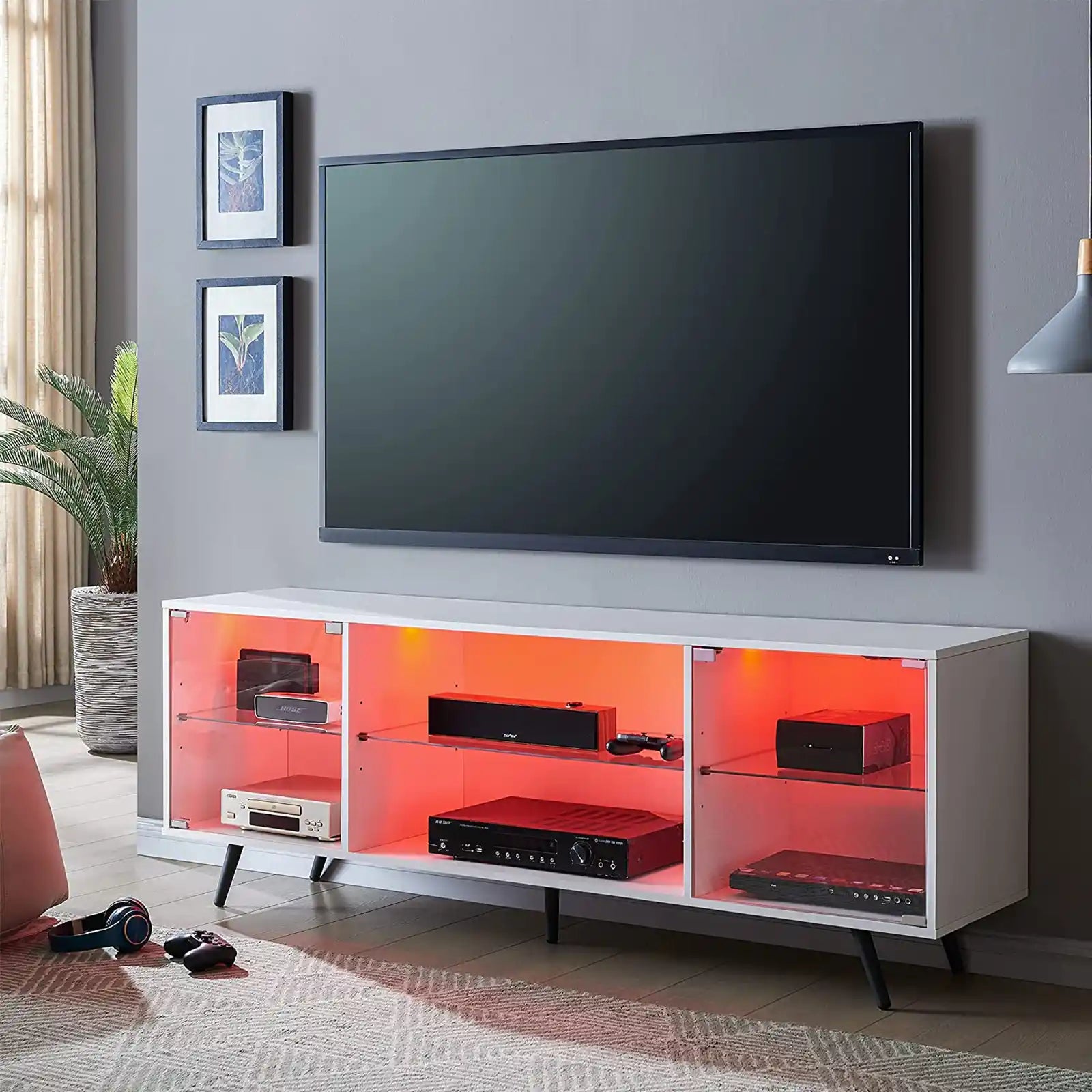 Soporte de TV moderno para TV de 75 pulgadas con luces LED, soportes de televisión para consola multimedia de centro de entretenimiento para juegos