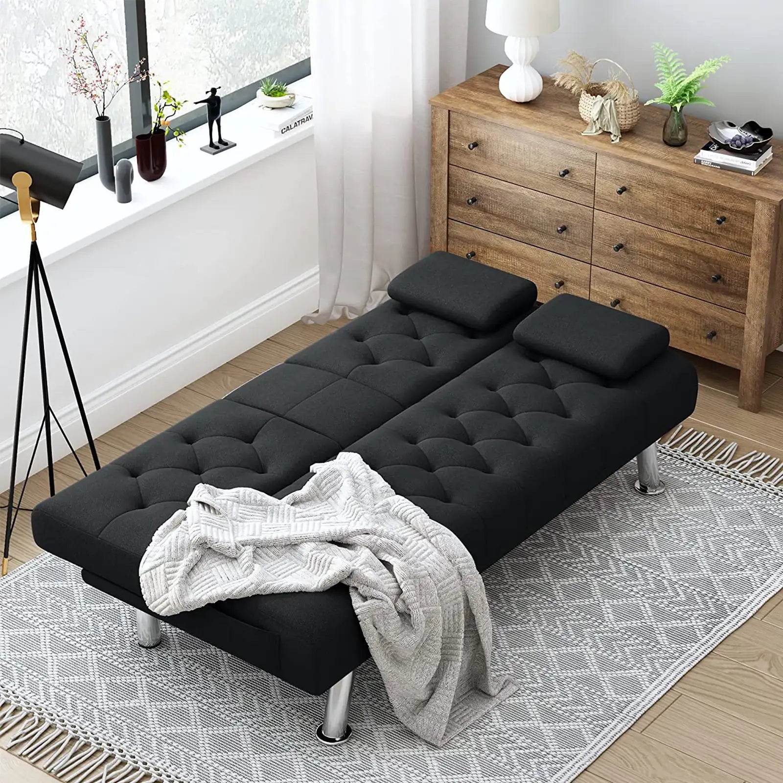 Sofá cama plegable tapizado con reposabrazos extraíbles, sofá para espacios pequeños