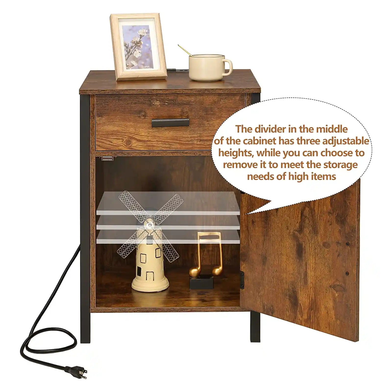 Industrial Nightstand with Charging Station, End Table with Drawer and Cabinet, USB Ports