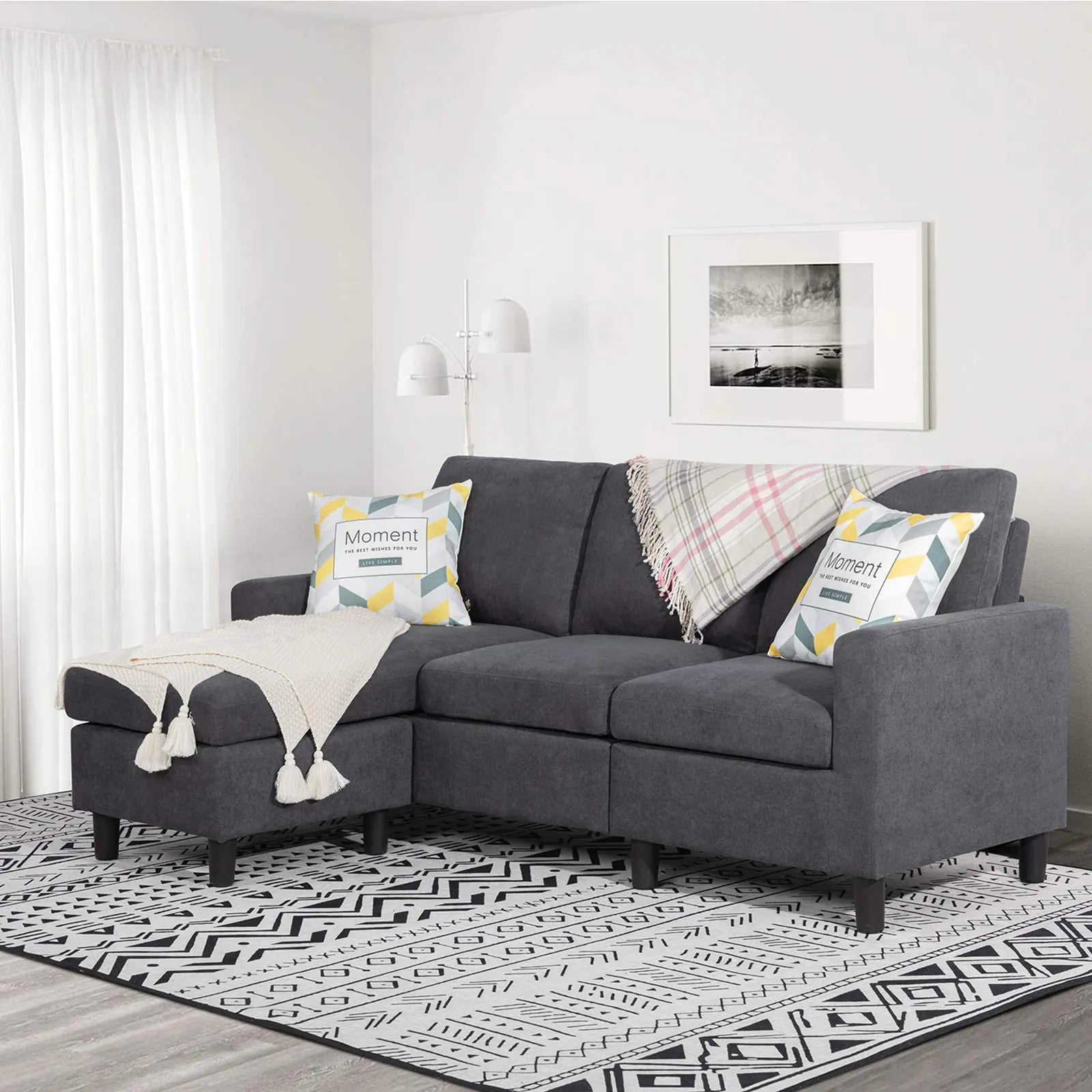 Sofá seccional moderno de 3 asientos en forma de L de tela de lino con chaise reversible