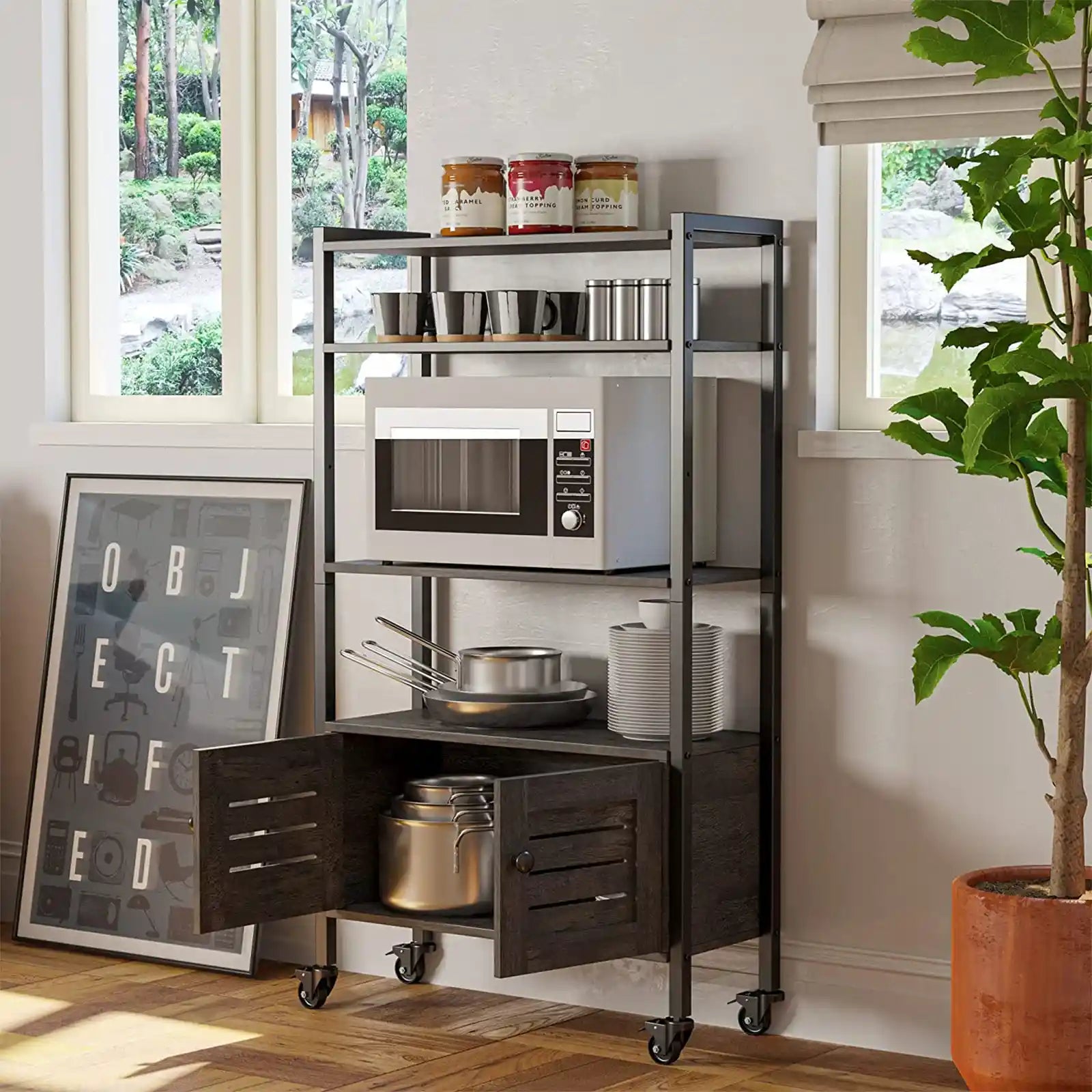 Industrial Bookshelf and Bookcase with 2 Louvered Doors and Shelves