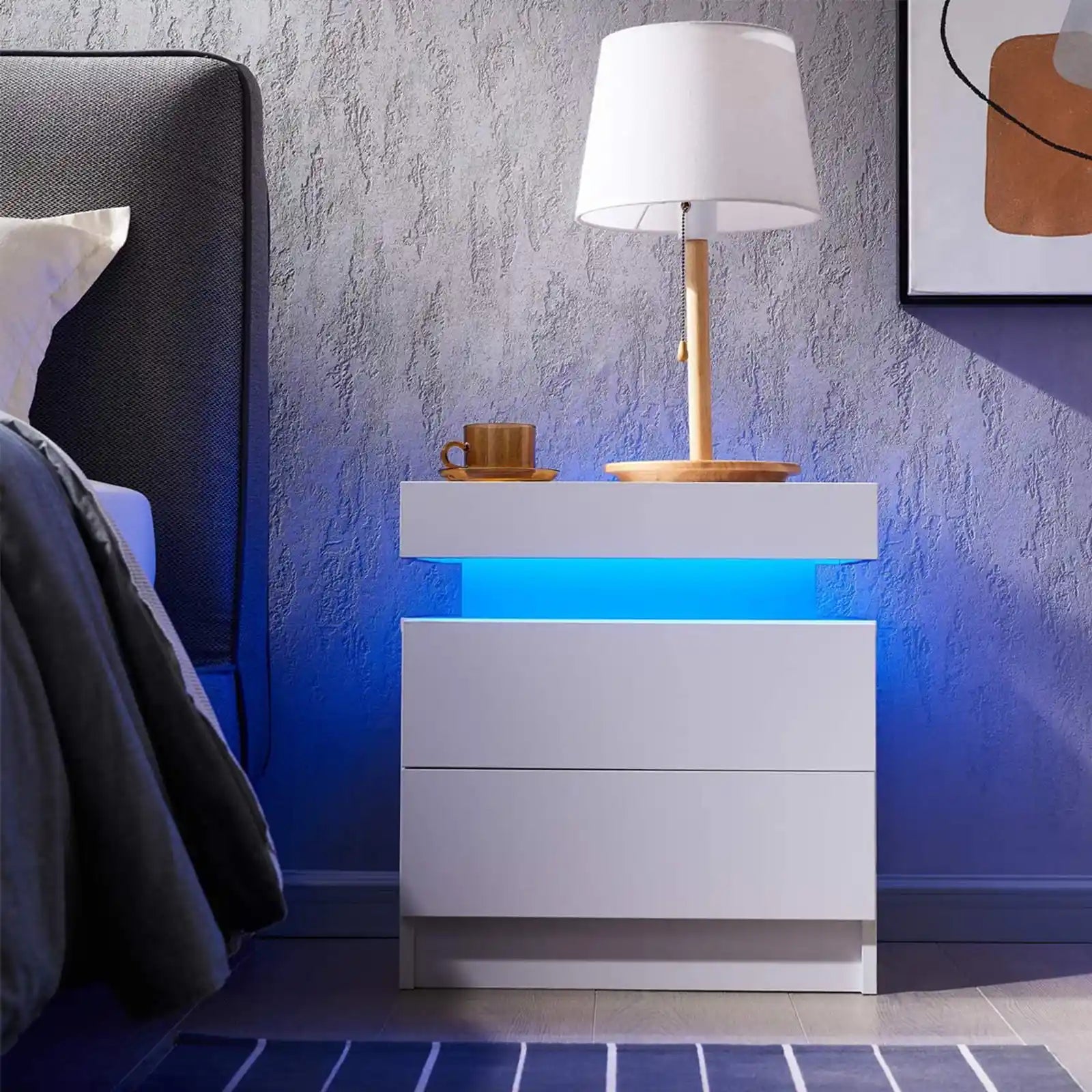 Mesita de noche con 2 cajones, mesita de noche LED, mueble de madera con luces LED 