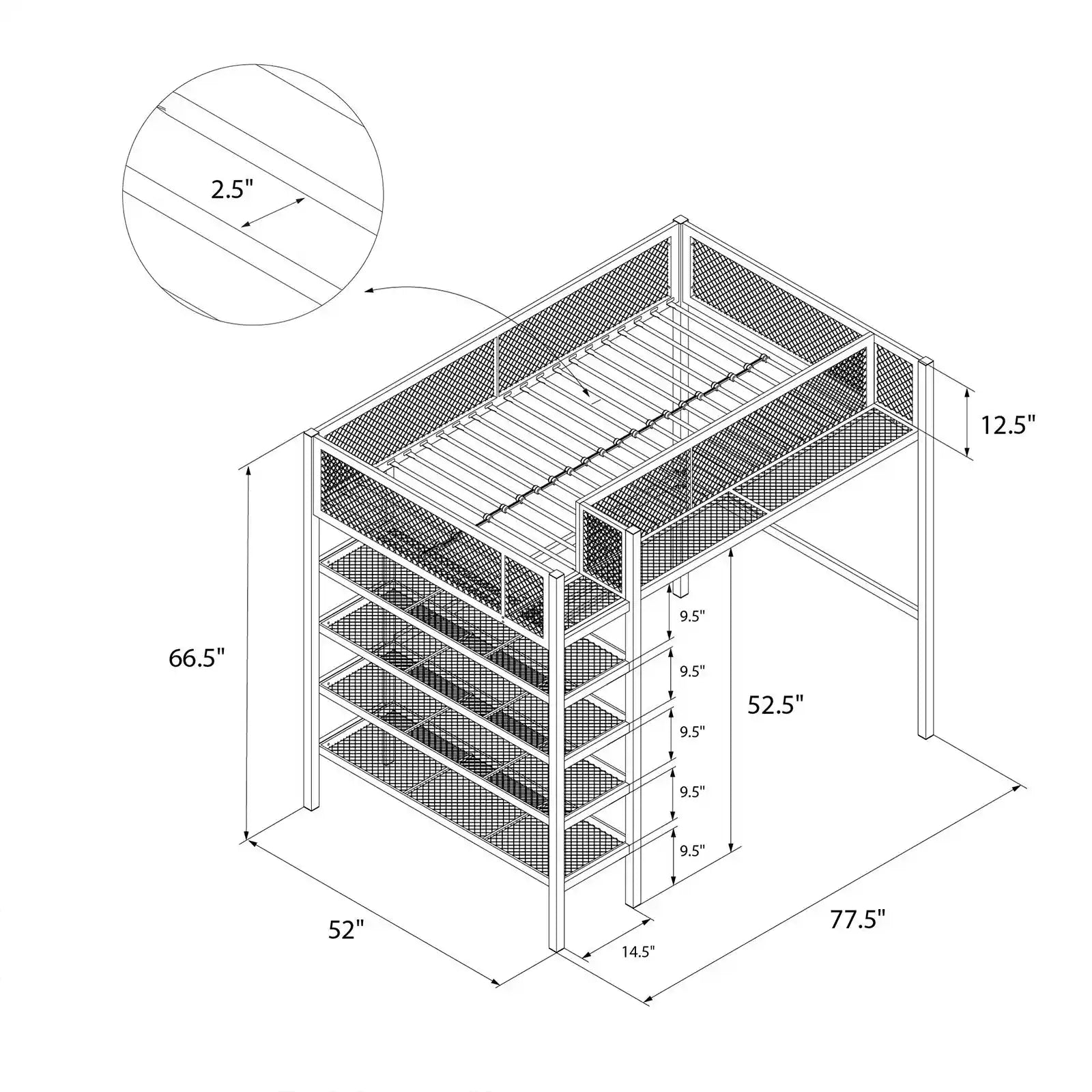 Cama alta con almacenaje de metal y estantería para libros.