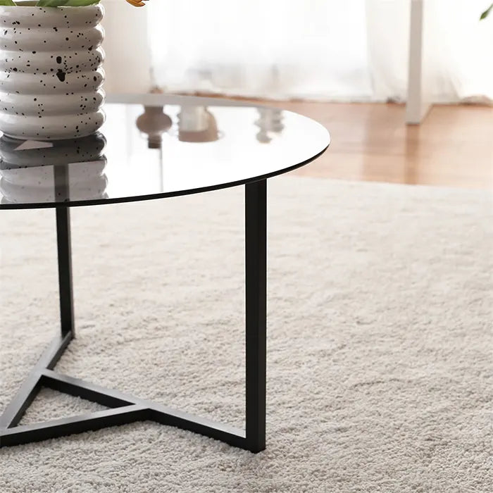 Round Glass Coffee Table with Black Metal Legs , Modern and Unique Center Table for Living Room , Large Smoked Glass Top with Low Steel Base