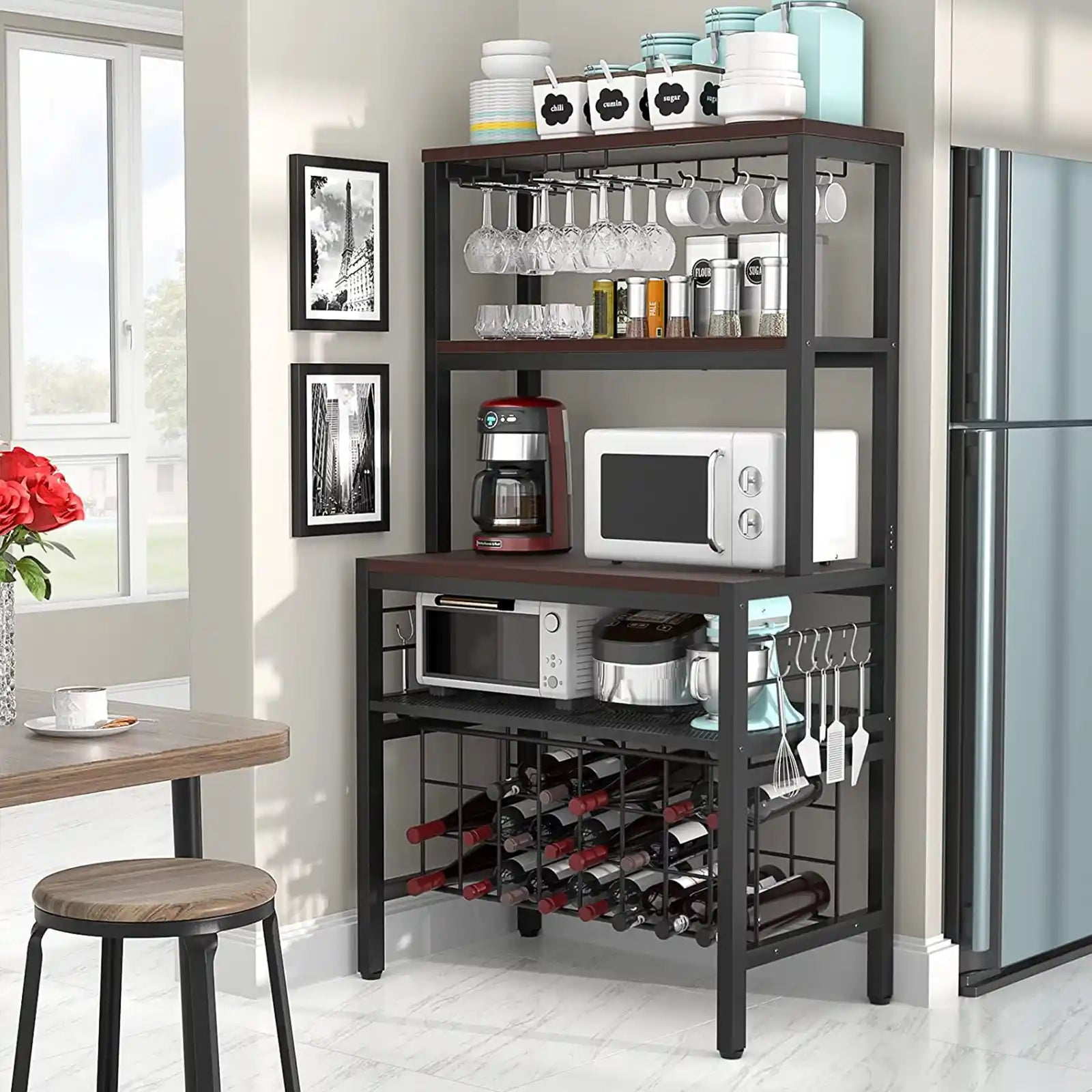 FreeStanding Wine Bar Rack, Wine Coffee Bar Cabinet with Glass Bottle Holder