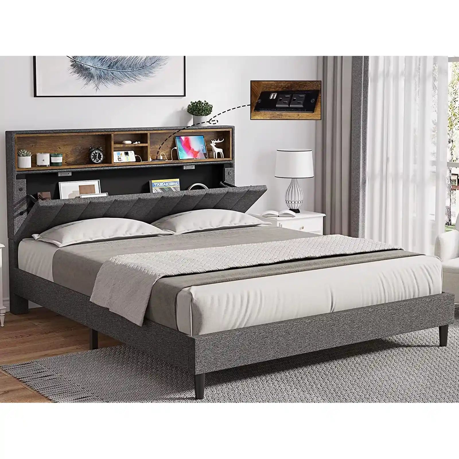 Estructura de cama con plataforma tapizada en tela moderna con regleta y cabecera con almacenamiento