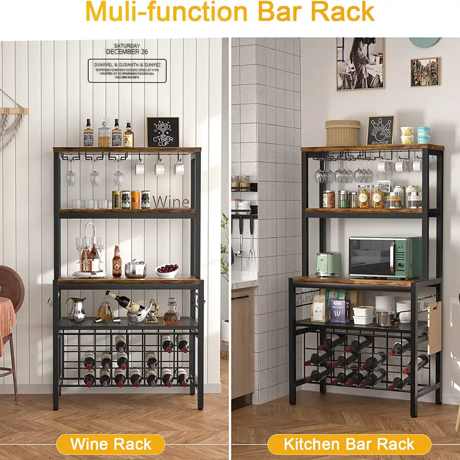 FreeStanding Wine Bar Rack, Wine Coffee Bar Cabinet with Glass Bottle Holder