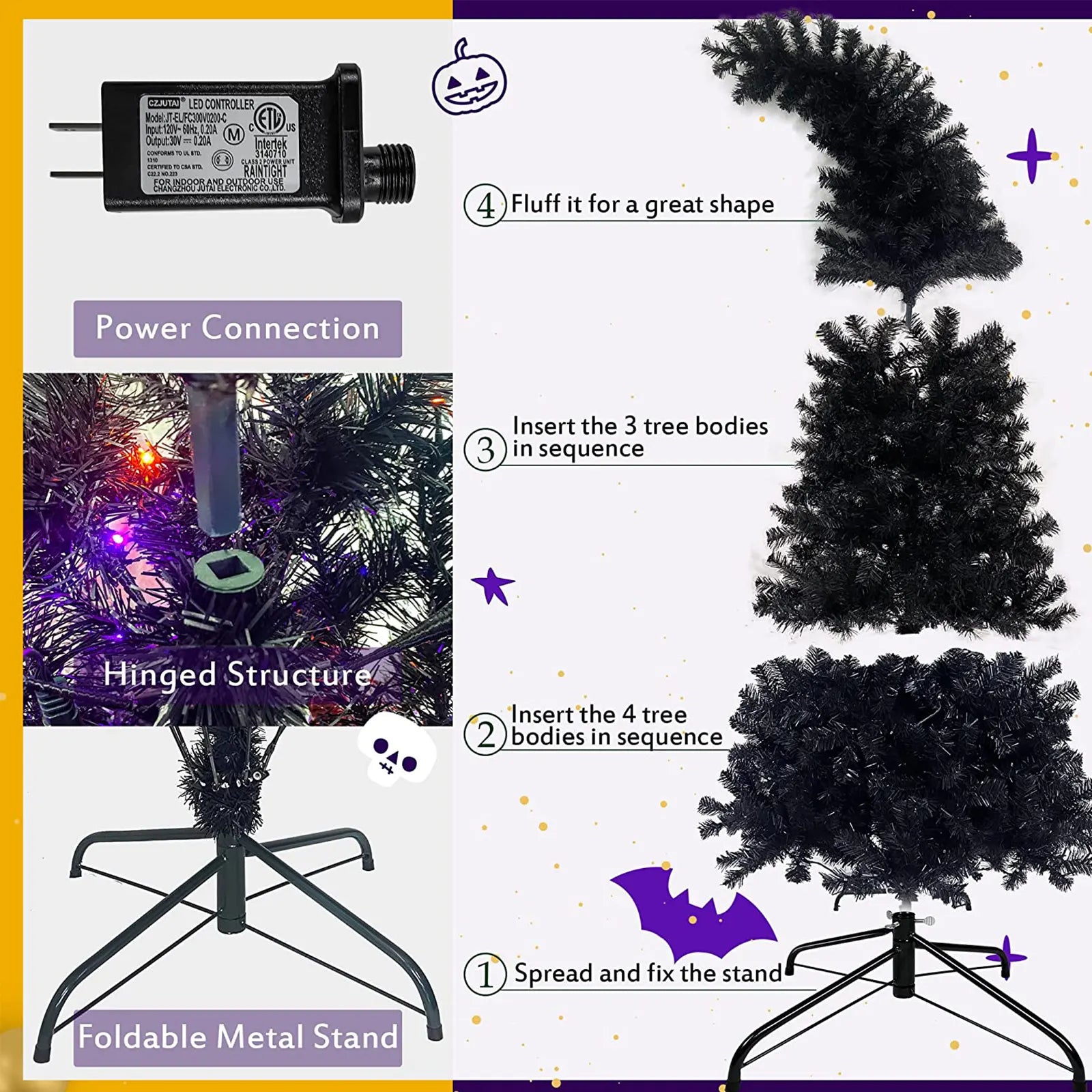 7FT Black or Red-White Christmas Tree, Prelit Halloween Christmas Tree with 350 Lights