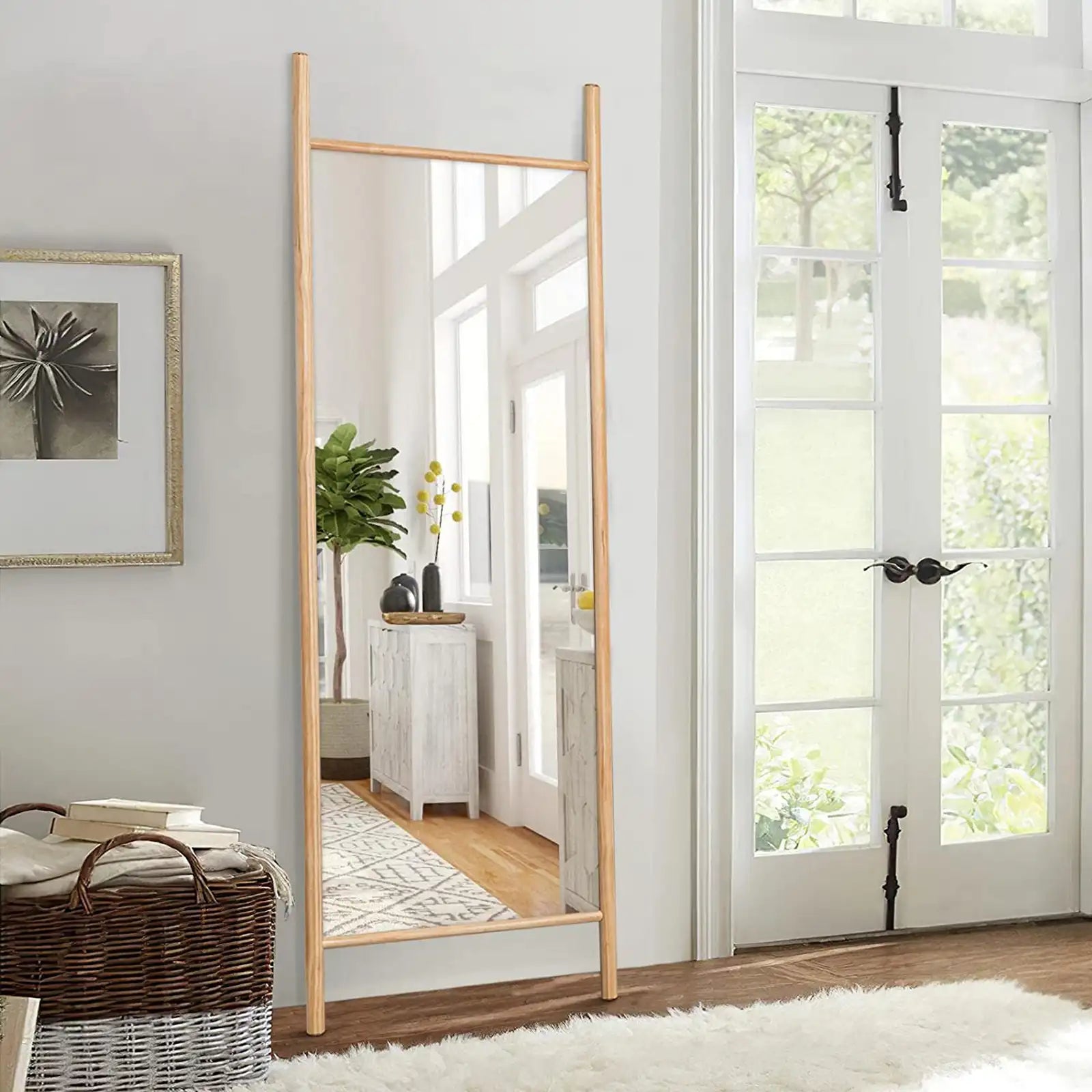 Espejo de cuerpo entero de madera de 65 "x 22", espejo de tocador de piso con escalera de madera de tamaño completo en dormitorio, sala de estar y centro comercial 