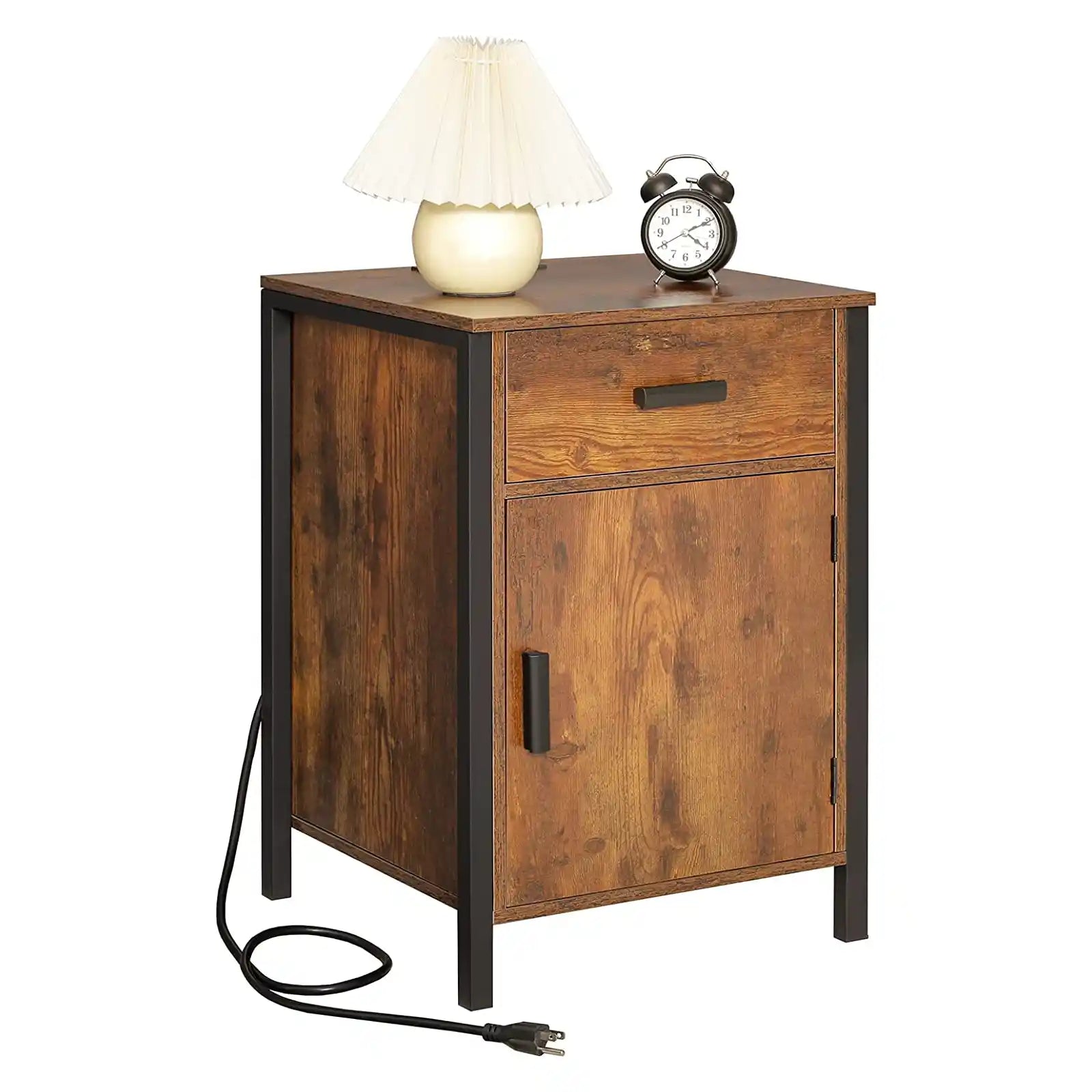 Industrial Nightstand with Charging Station, End Table with Drawer and Cabinet, USB Ports