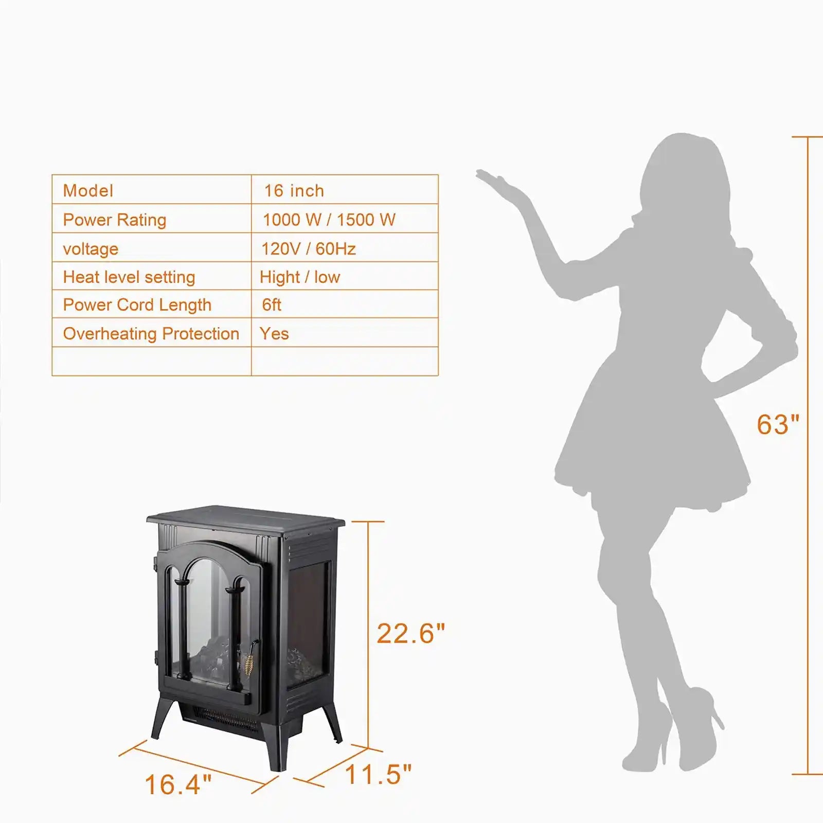 Electric Fireplace Stove, Freestanding Fireplace Heater with Realistic Flame