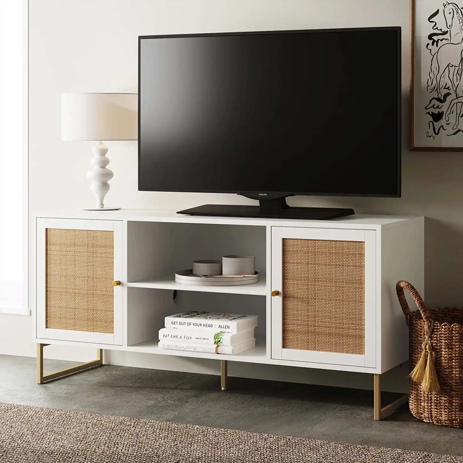 Modern Boho TV Stand Entertainment Cabinet , Console