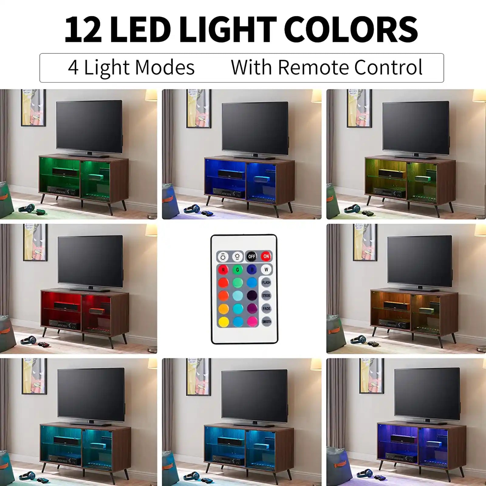 Soporte de TV moderno para TV de 75 pulgadas con luces LED, soportes de televisión para consola multimedia de centro de entretenimiento para juegos