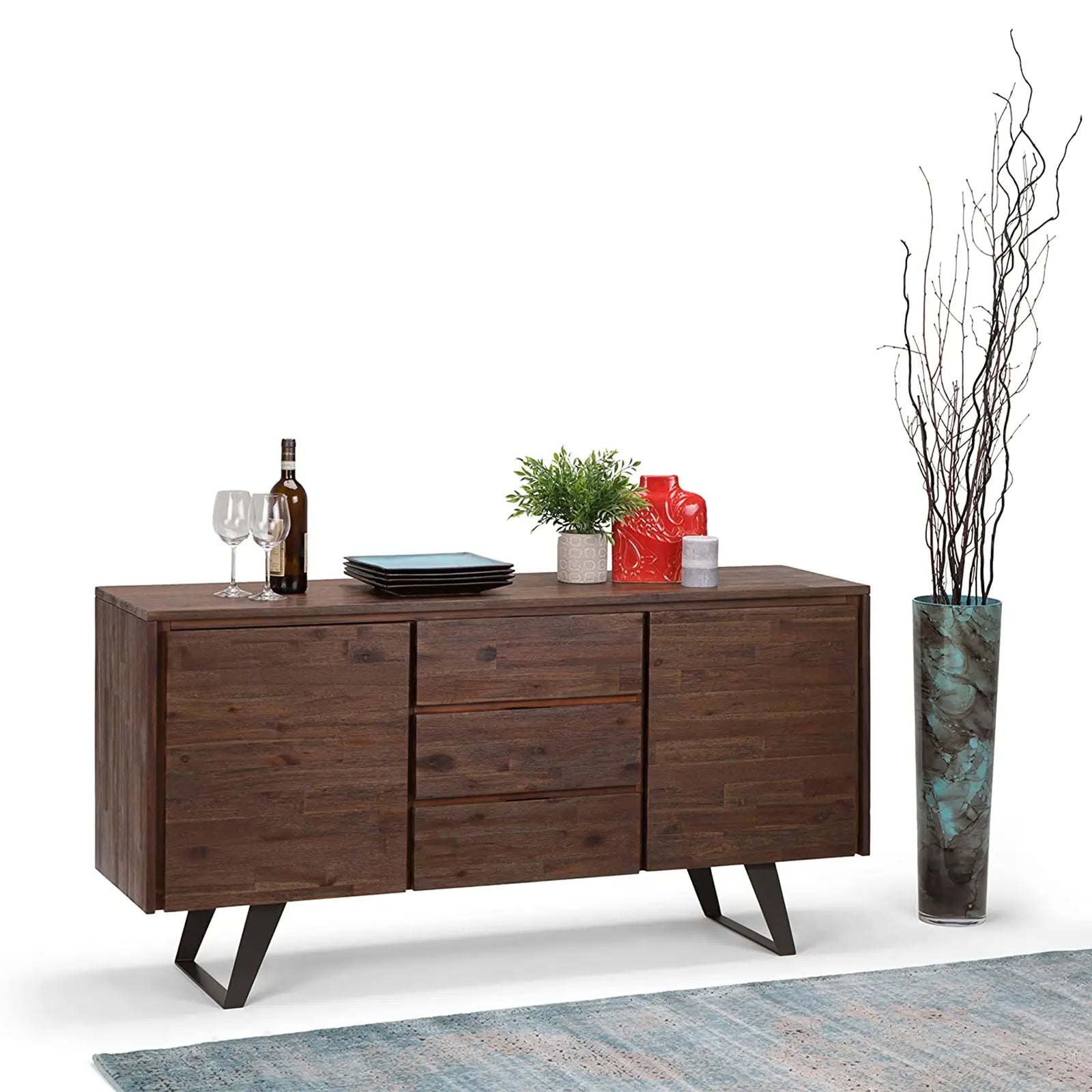 Solid Acacia Wood and Metal Sideboard Buffet with Storage Compartment