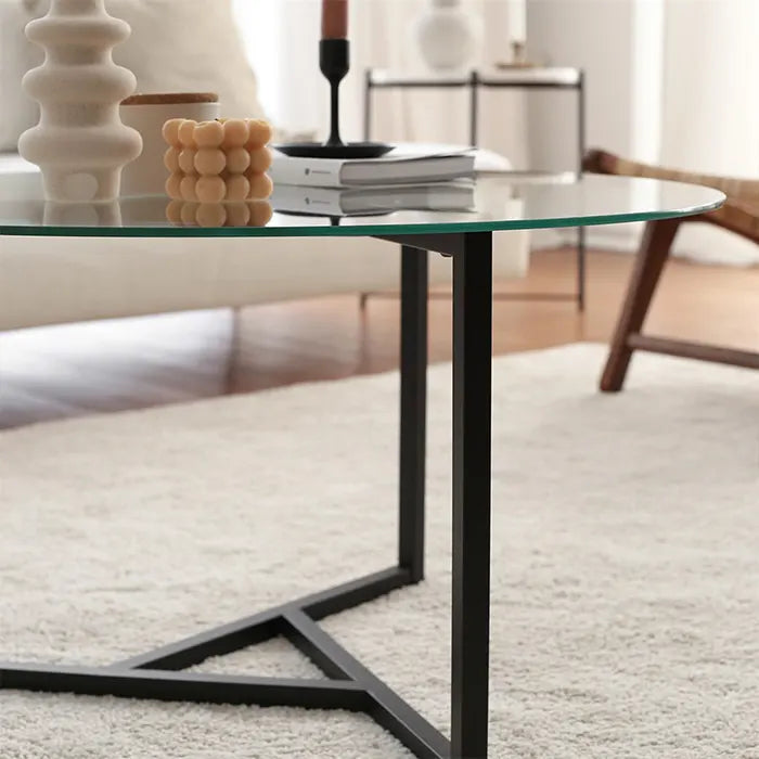 Mesa de centro redonda de vidrio con patas de metal negro, mesa central moderna y única para sala de estar, tapa grande de vidrio ahumado con base baja de acero