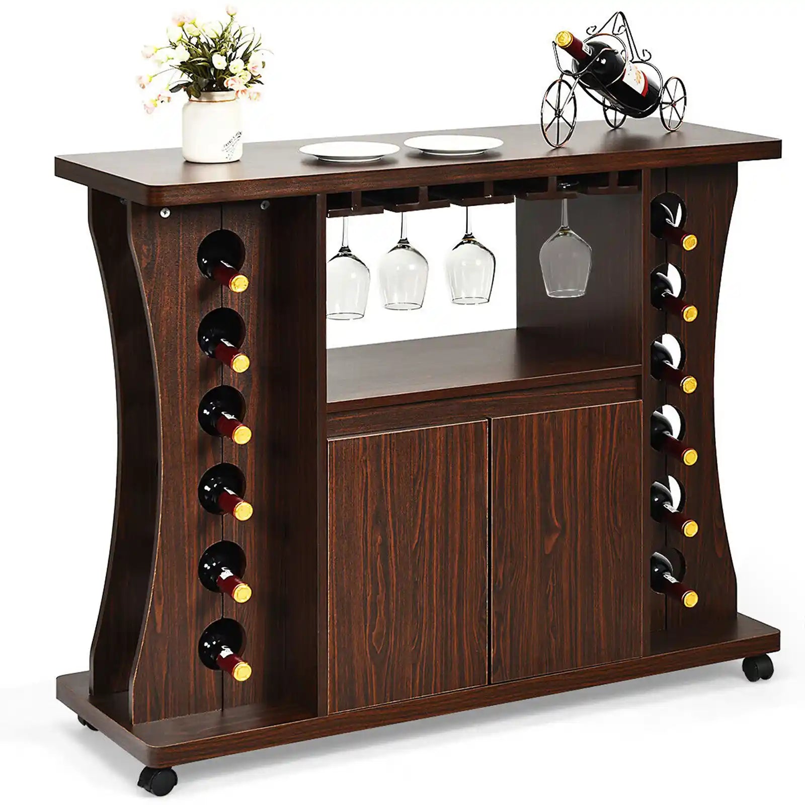 Rolling Buffet Sideboard, Wooden Bar Storage Cabinet