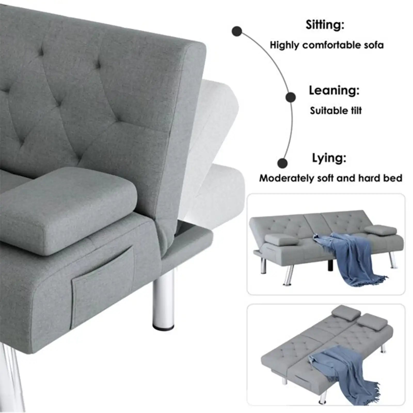 Upholstered Folding Sleeper Sofa with Removable Armrests, Couch for Small Space