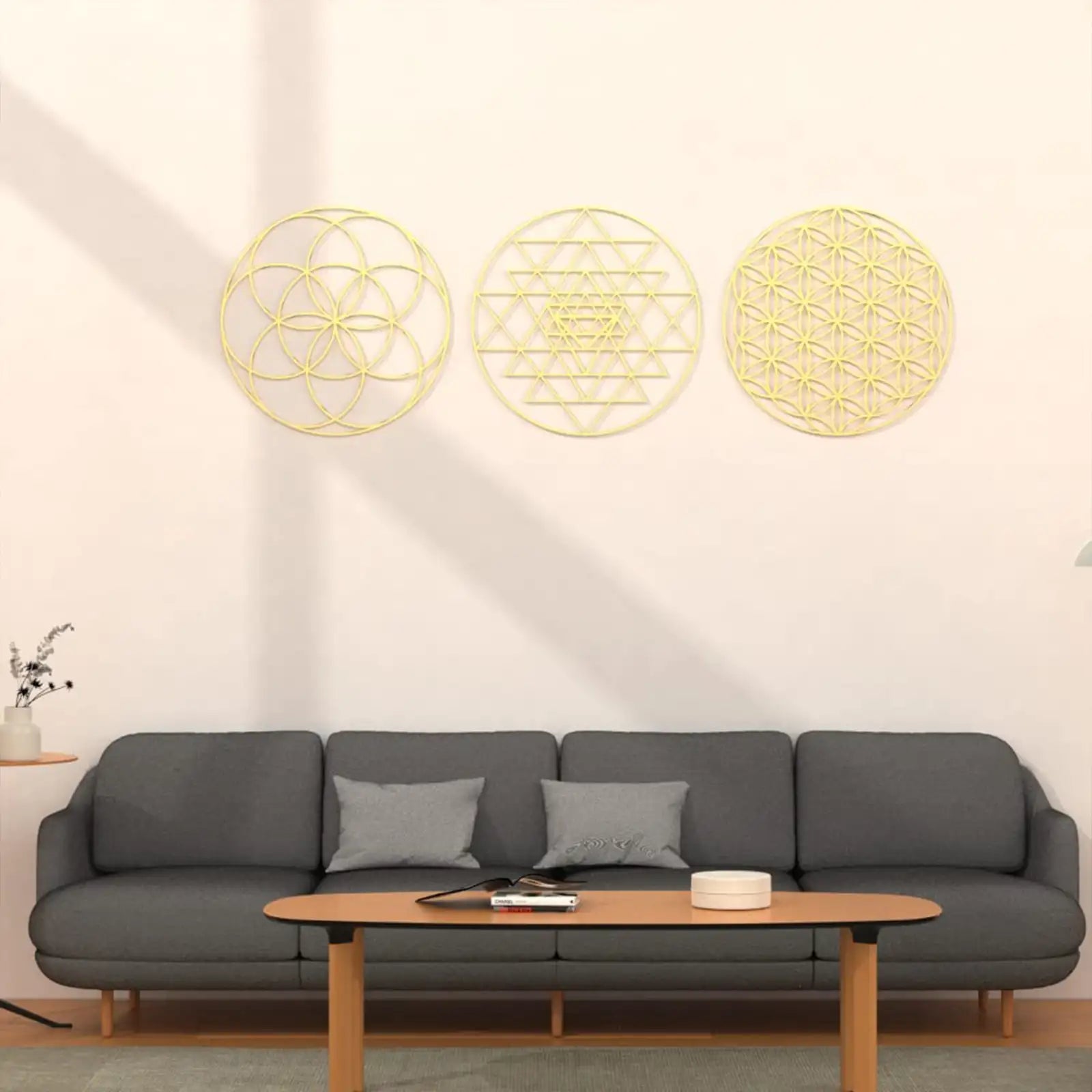 Arte de pared de metal geométrico, decoración moderna abstracta Torus Sri Yantra flor de la vida para colgar en la pared, decoración de pared redonda de metal dorado para yoga, decoración de meditación para el hogar, juego de 3 