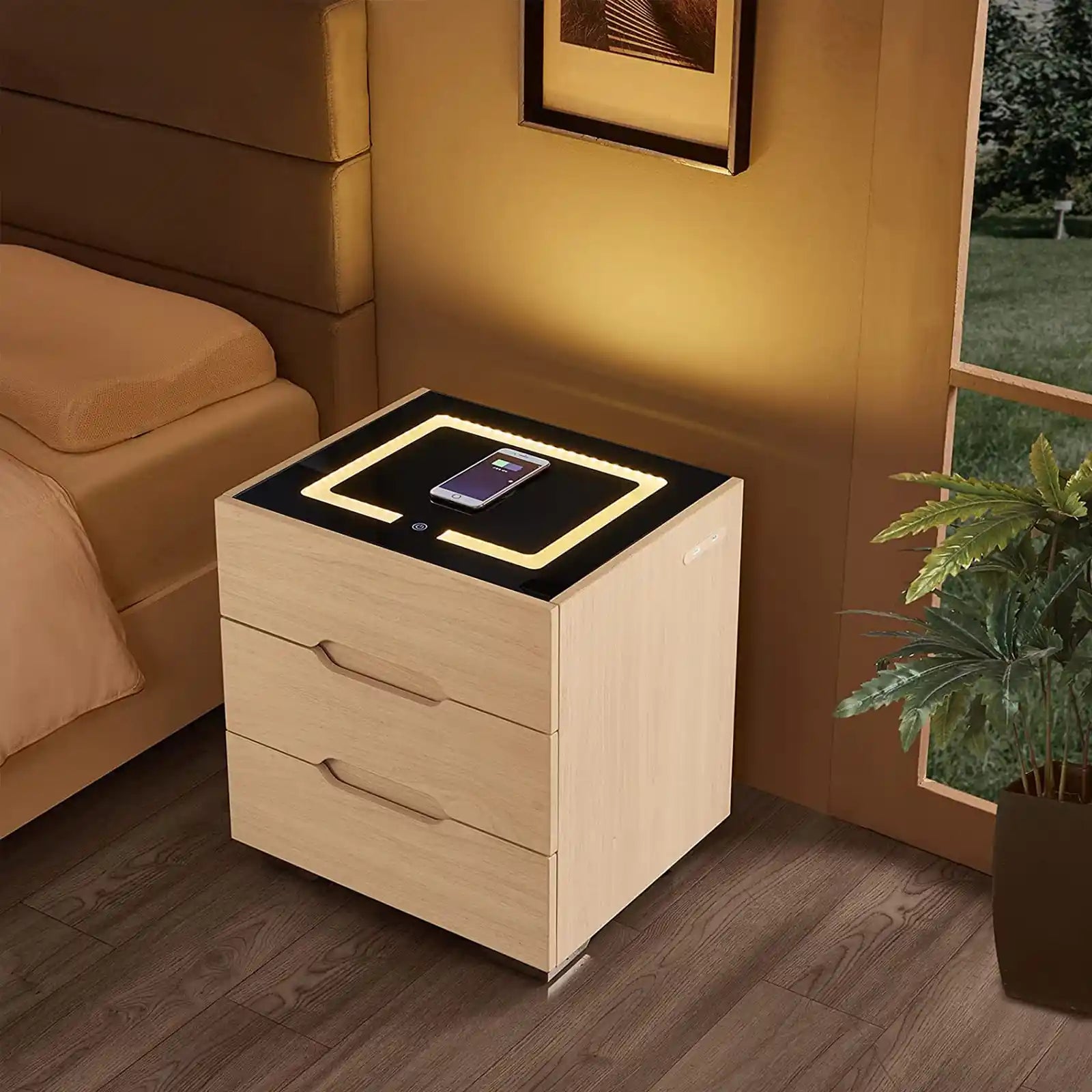 Modern Smart Side Table with Built-in Fridge, Nightstands with Wireless  Charging Temperature Control Power Socket USB Interface Outlet Protection