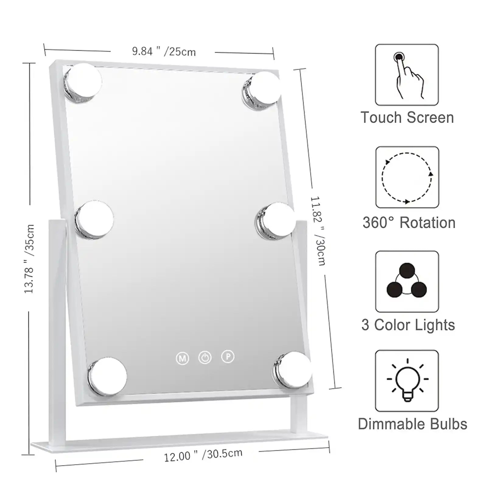 Vanity Mirror with Lights 3 Colored 360°Rotation Tabletop Metal