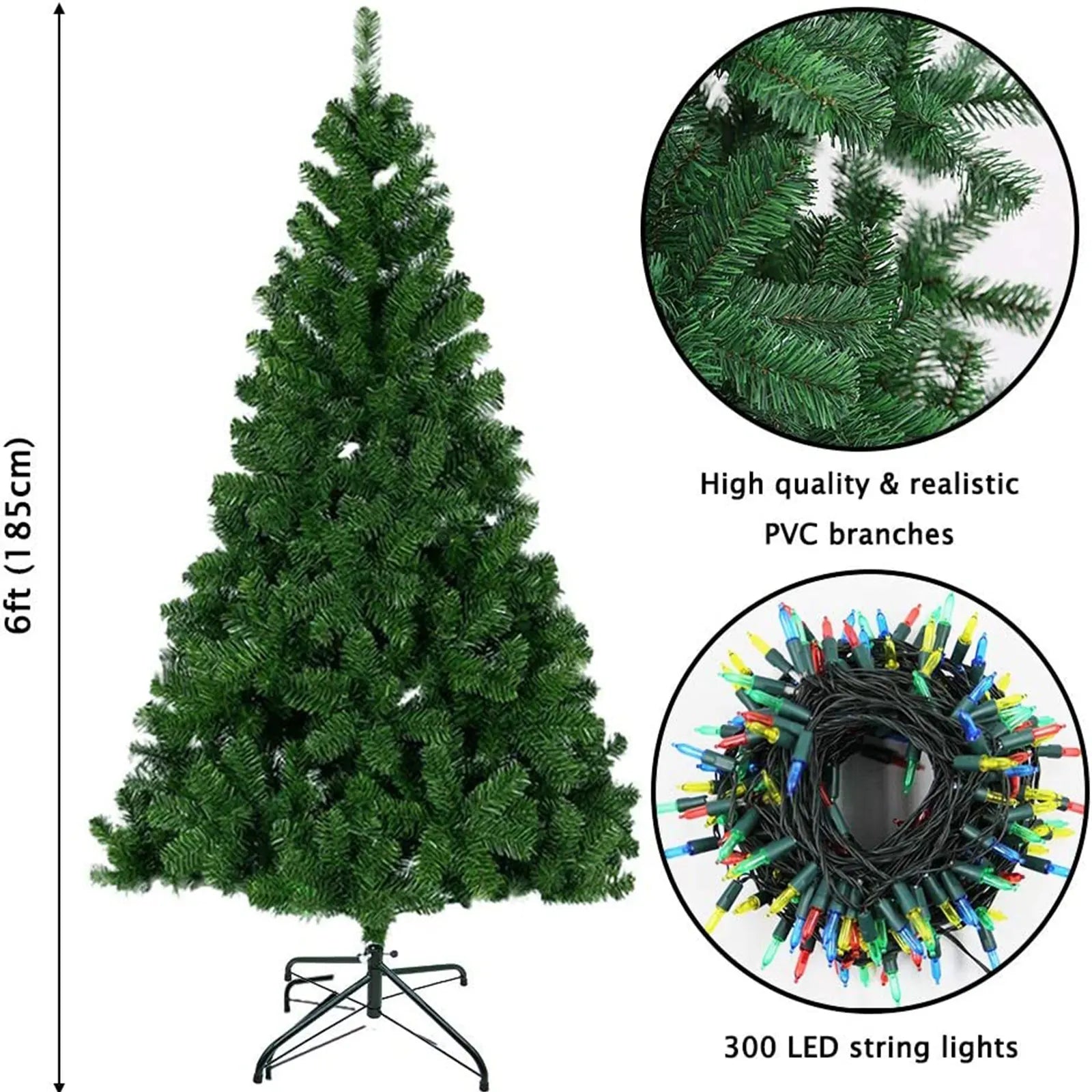 6 or 7.5 ft Artificial Christmas Tree with 300 LED Multicolor String Lights
