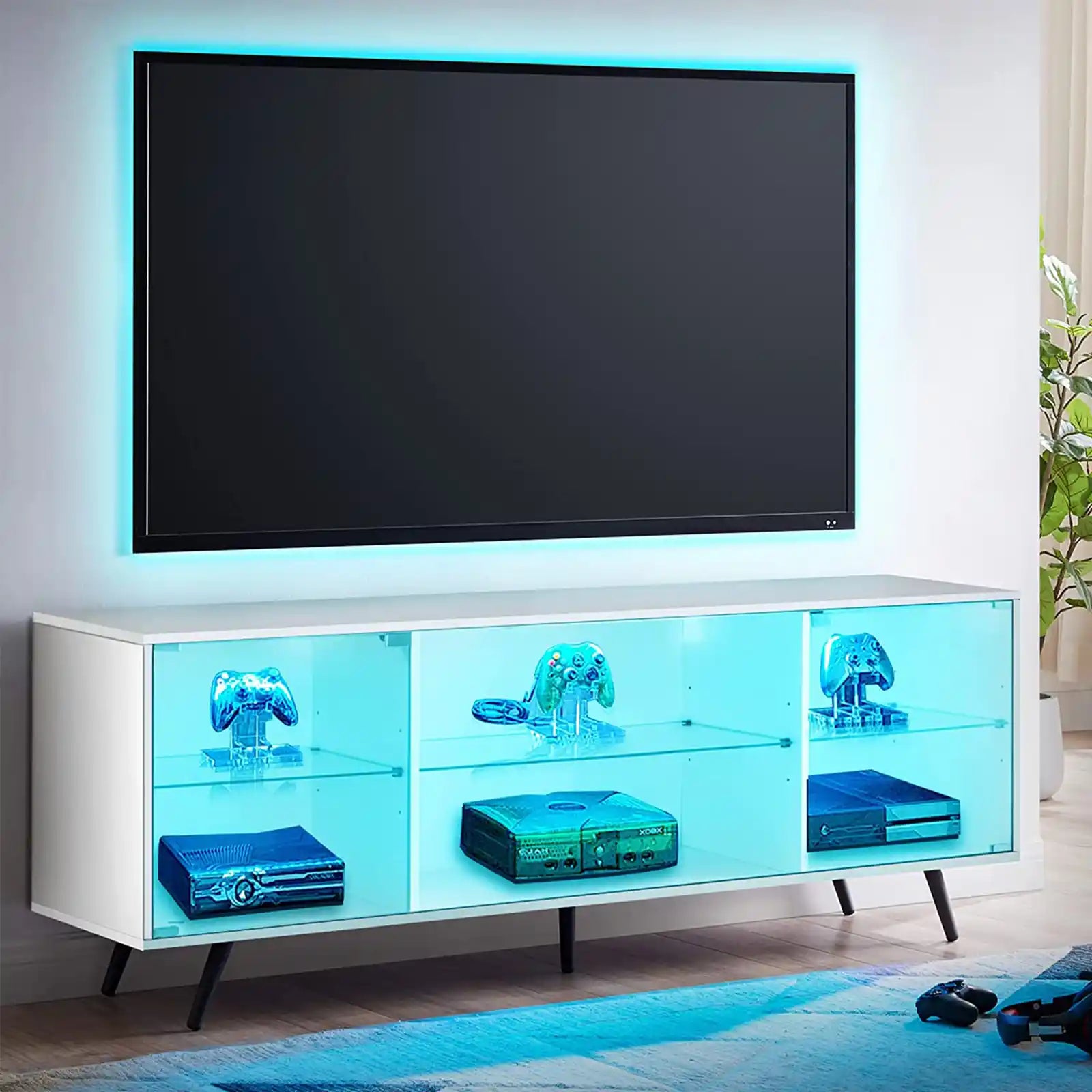 Soporte de TV moderno para TV de 75 pulgadas con luces LED, soportes de televisión para consola multimedia de centro de entretenimiento para juegos